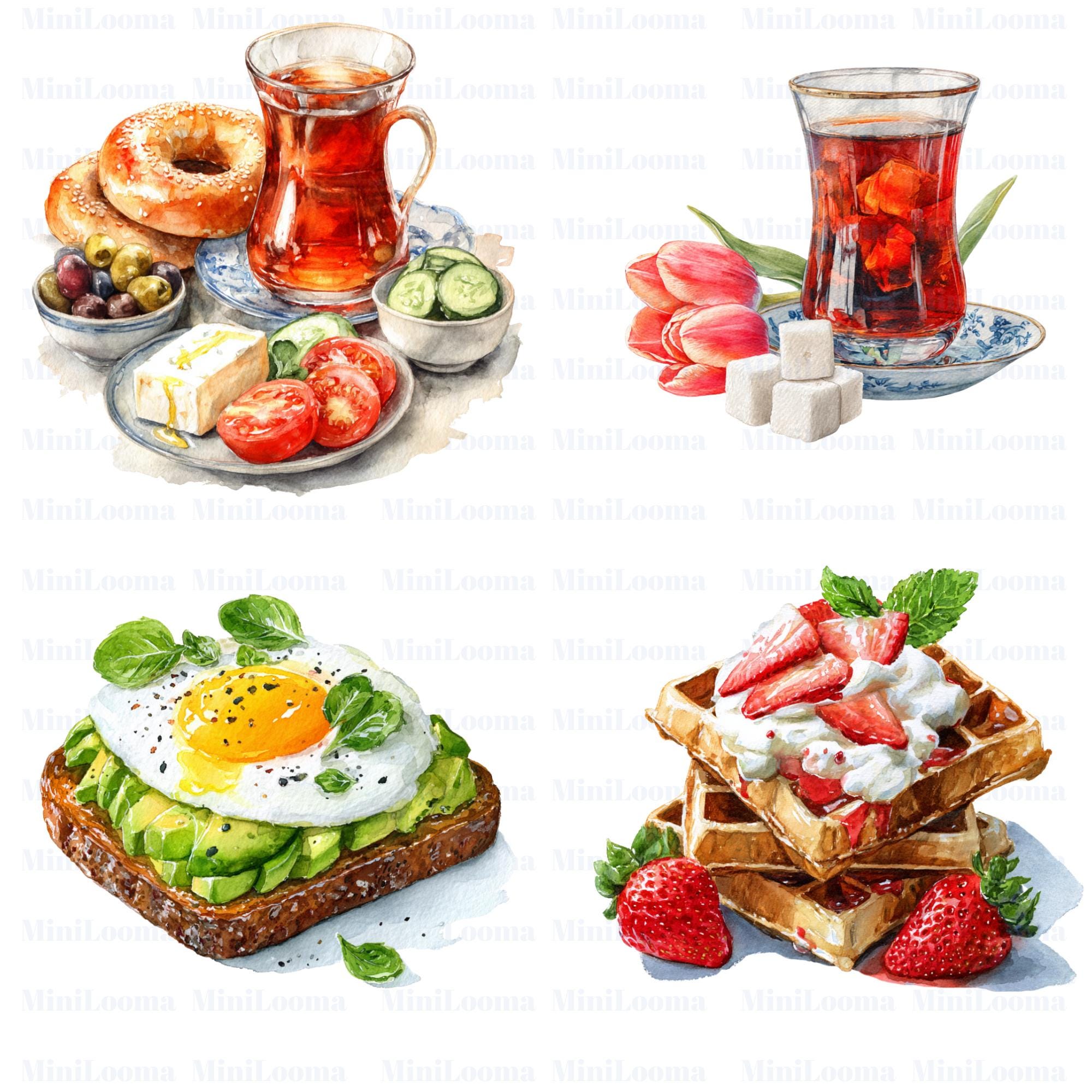 20 Breakfast Clipart | Croissant, Pancakes, Waffles, Coffee & Tea, Avocado Toast | PNG Transparent