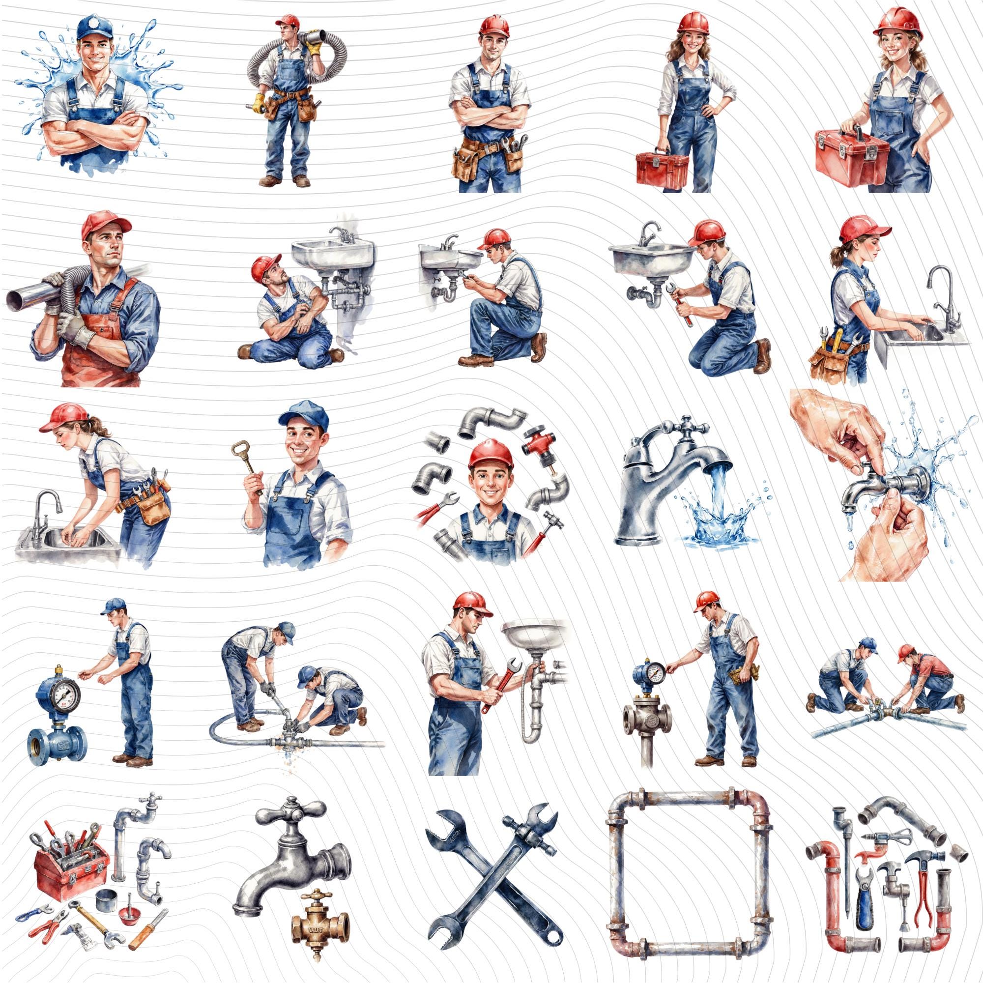 29 Plumber Watercolor Clipart | Transparent Background