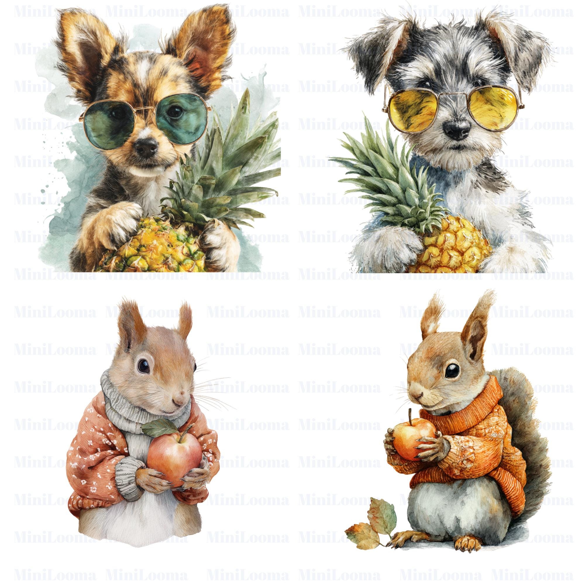 20 Seasonal Fruit Animals Clipart | Bunny, Bear, Fox, Cat, Squirrel | PNG Transparent