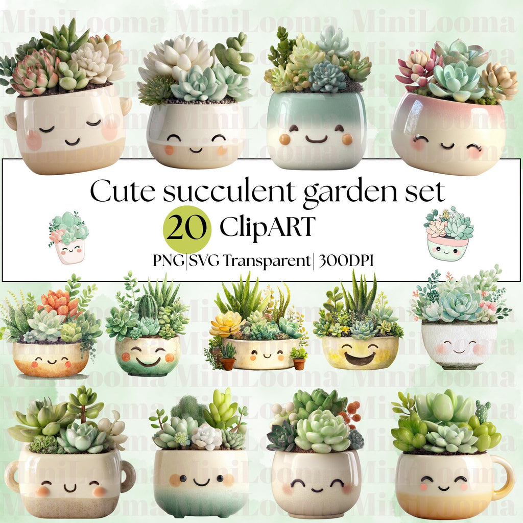 20 Watercolor Succulent Clipart Set: Kawaii Garden (Transparent PNG)