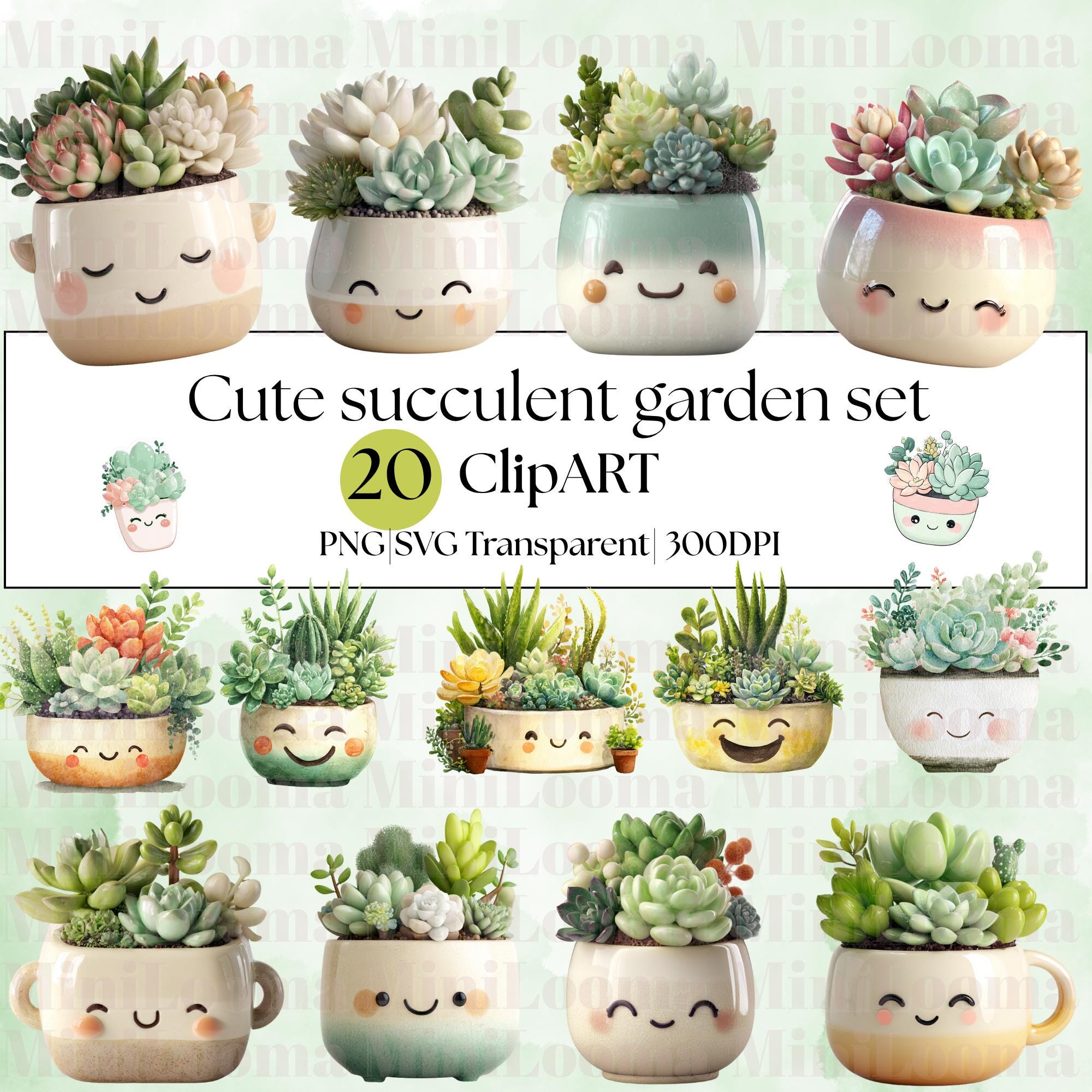 20 Watercolor Succulent Clipart Set: Kawaii Garden (Transparent PNG)