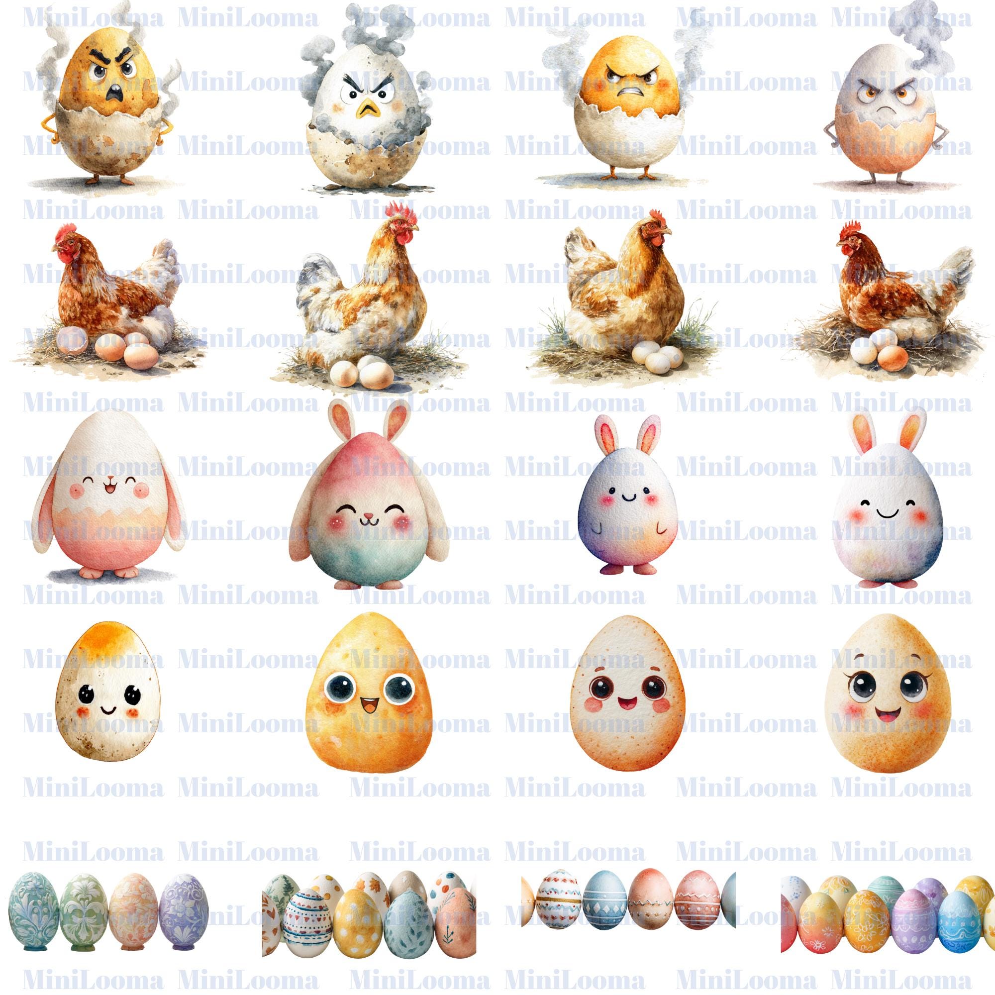 123 Watercolor Egg Clipart Set: Farm, Spring, Easter Designs (Transparent PNG)