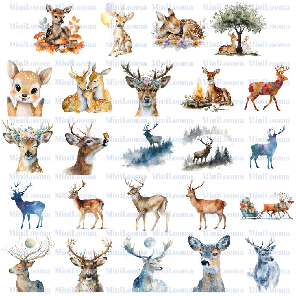 24 Watercolor Deer Clipart Set: Woodland Animals, Christmas Reindeer (Transparent PNG)