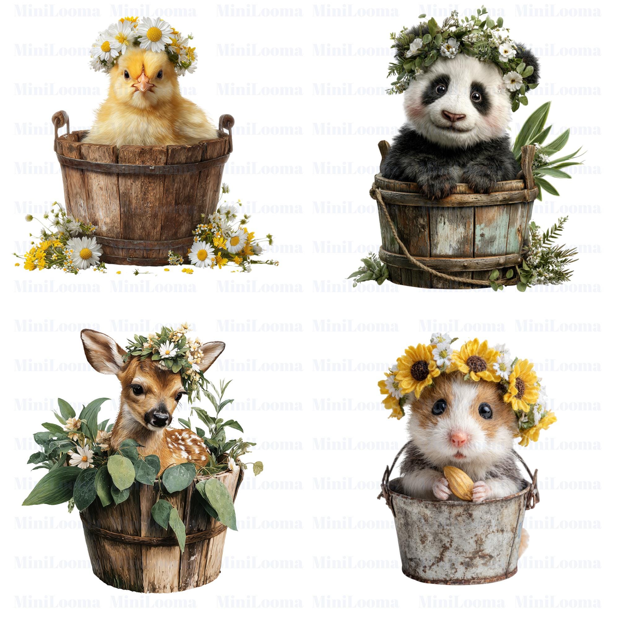 20 Baby Animals Clipart Bundle: Floral Crowned Transparent PNGs for Nursery Art