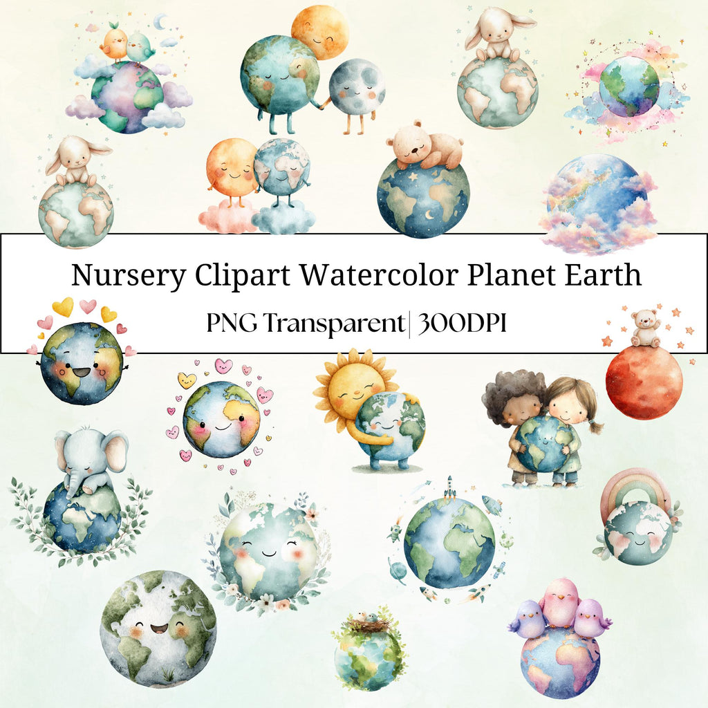 27 Nursery Earth Clipart: Watercolor Planets, Animals, Rainbows ( Transparent PNG )