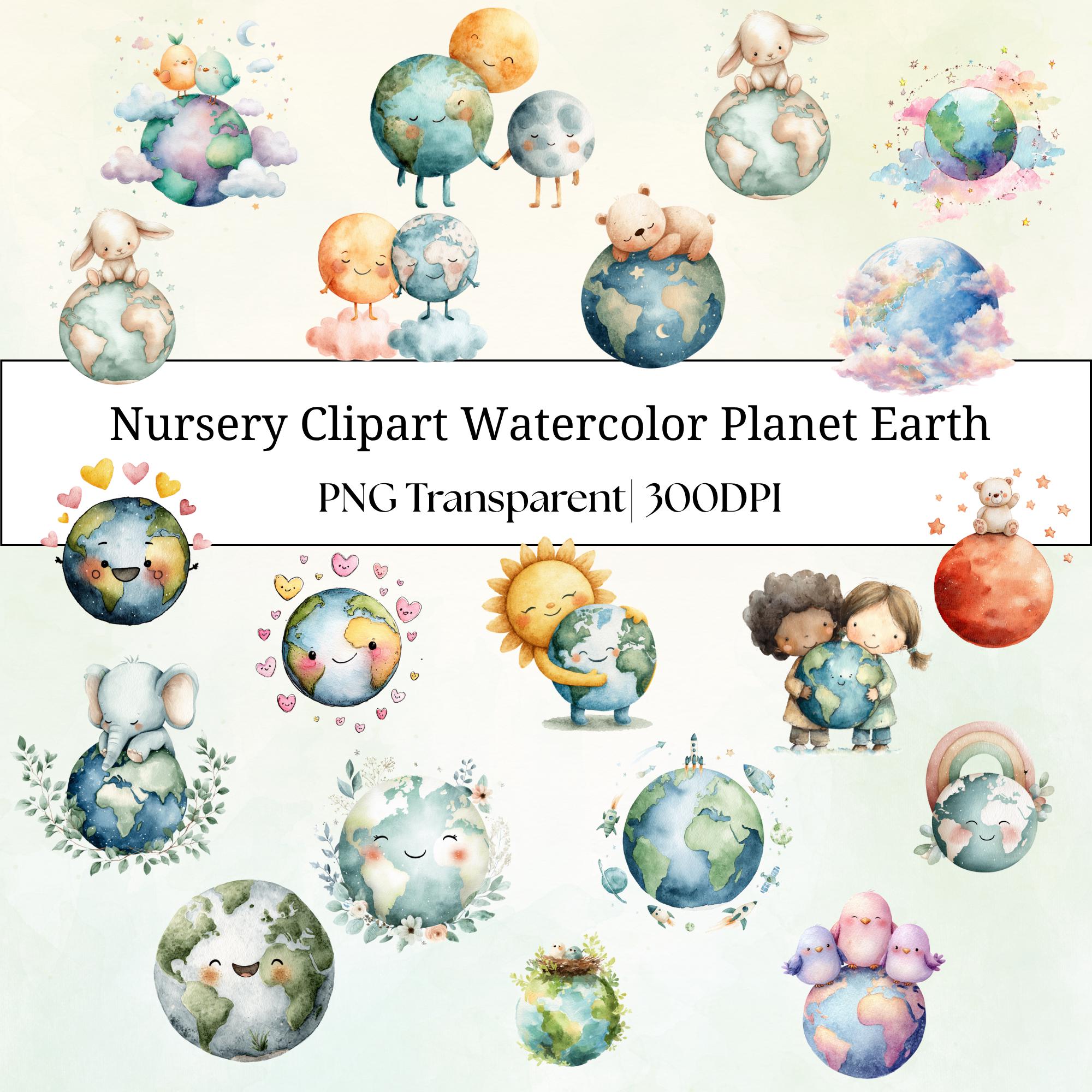 27 Nursery Earth Clipart: Watercolor Planets, Animals, Rainbows ( Transparent PNG )
