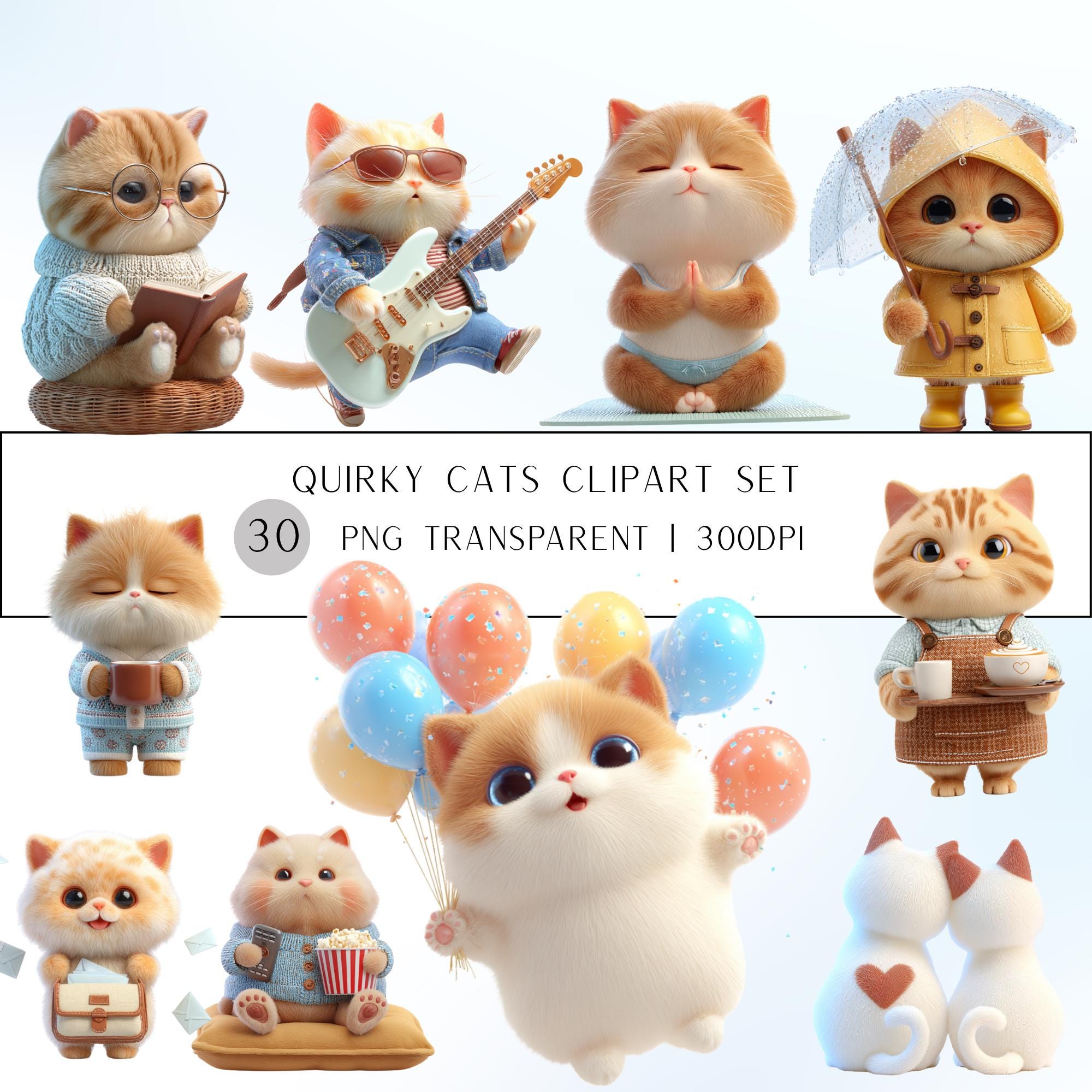 30 Quirky Cat Clipart Set | Funny Cat Characters PNG Bundle Transparent Background