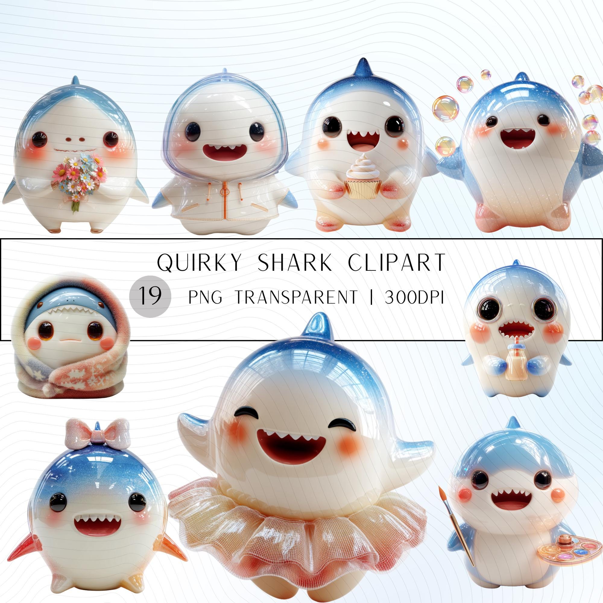 19 Quirky Shark Clipart Set | Funny Characters PNG Transparent Background| 300DPI