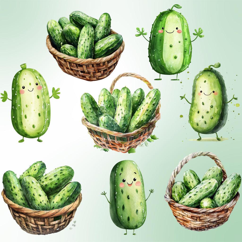 40 Cucumber Clipart Bundle: Watercolor Veggies, Pickle Jar (PNG Transparent)