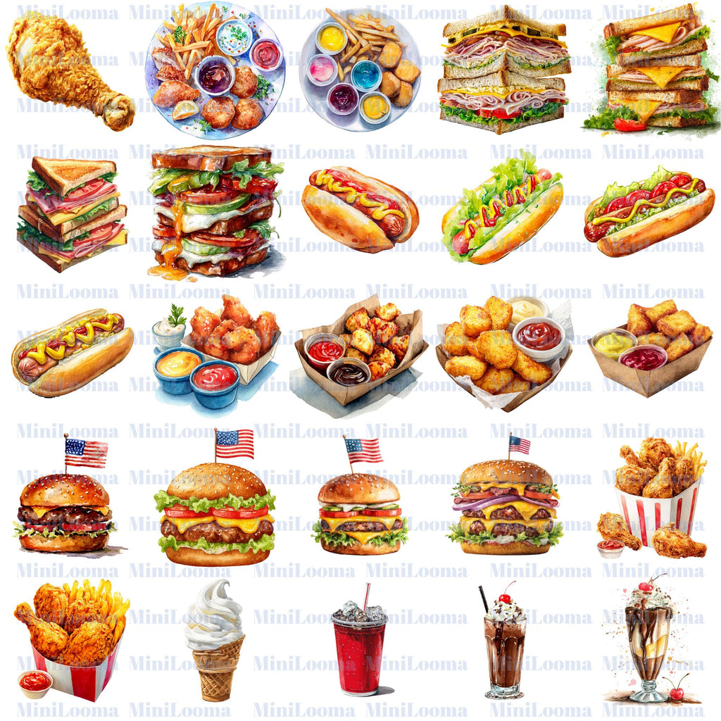 112 Watercolor Fast Food Clipart Bundle: Burger, Fries, Pizza ( Transparent PNG )