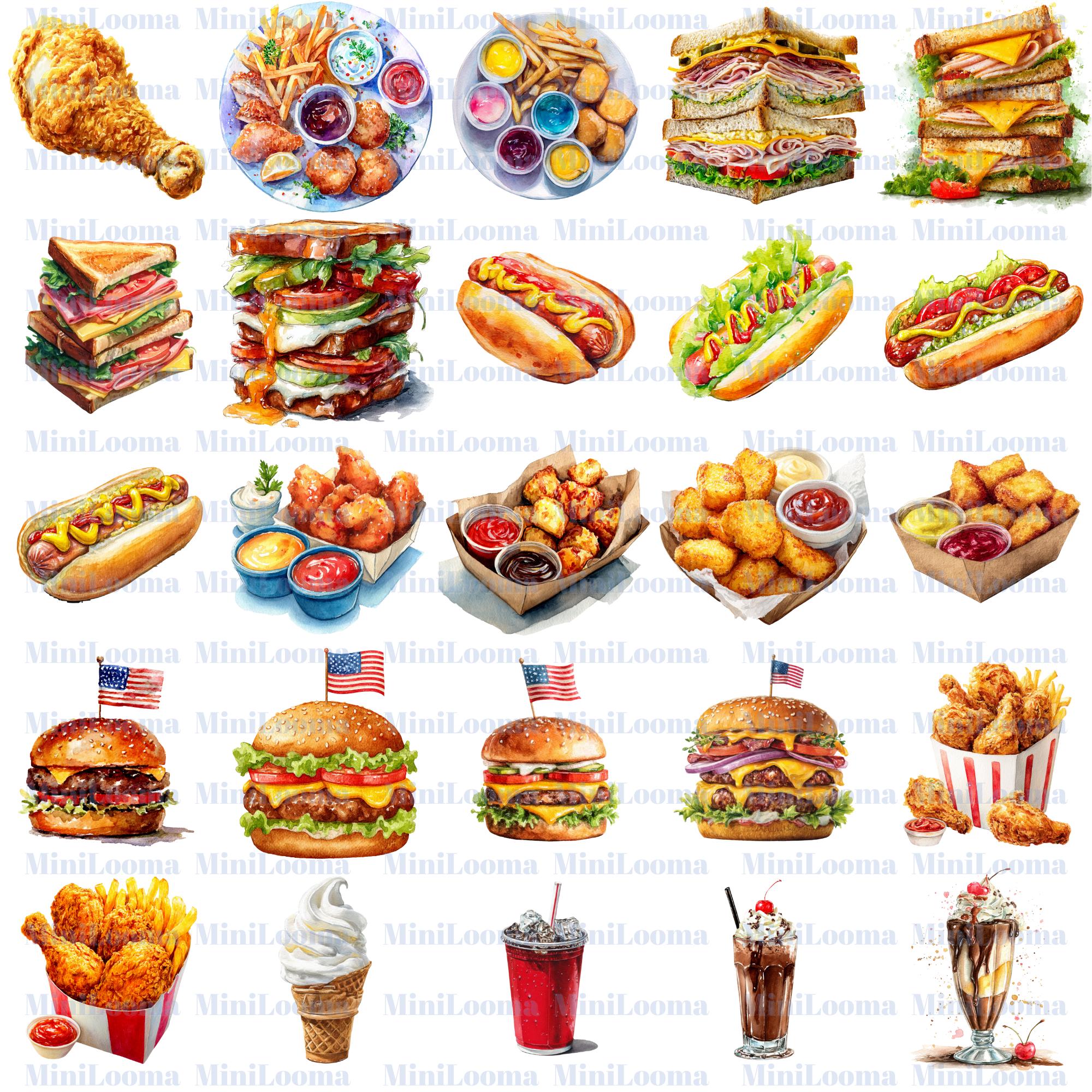 112 Watercolor Fast Food Clipart Bundle: Burger, Fries, Pizza ( Transparent PNG )
