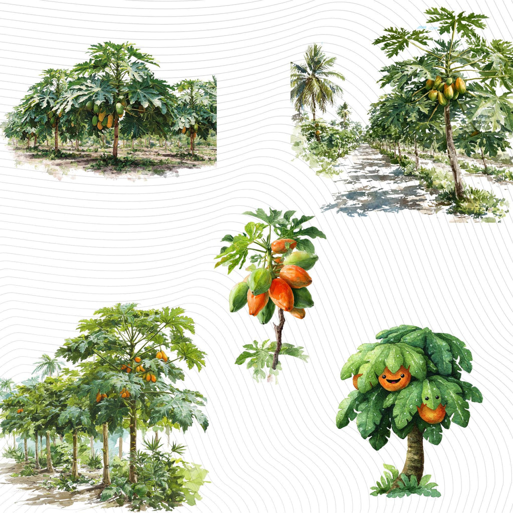 27 Papaya Tree Clipart Bundle | Watercolor Tropical Fruit Tree Transparent PNG