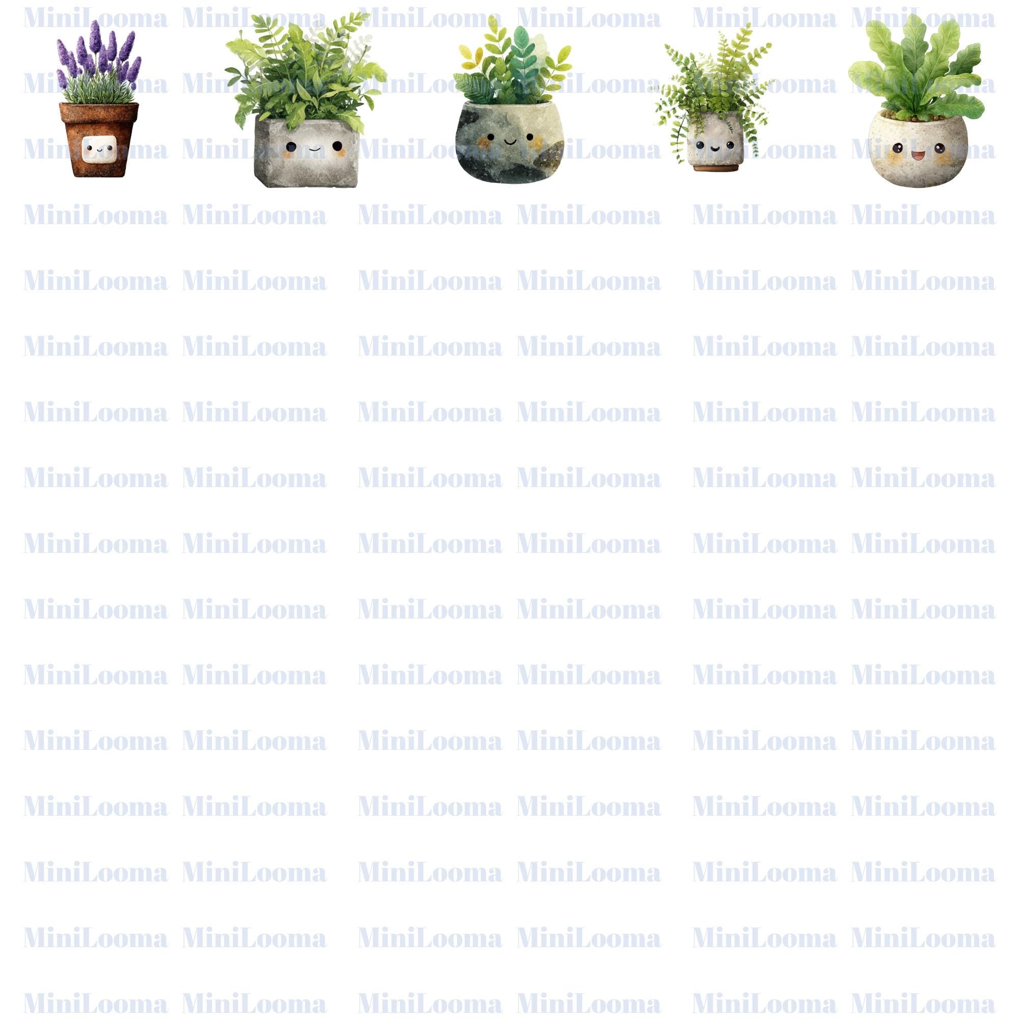 30 Kawaii Potted Plants Clipart Bundle: Watercolor Succulents, Cactus, Bonsai (PNG Transparent)