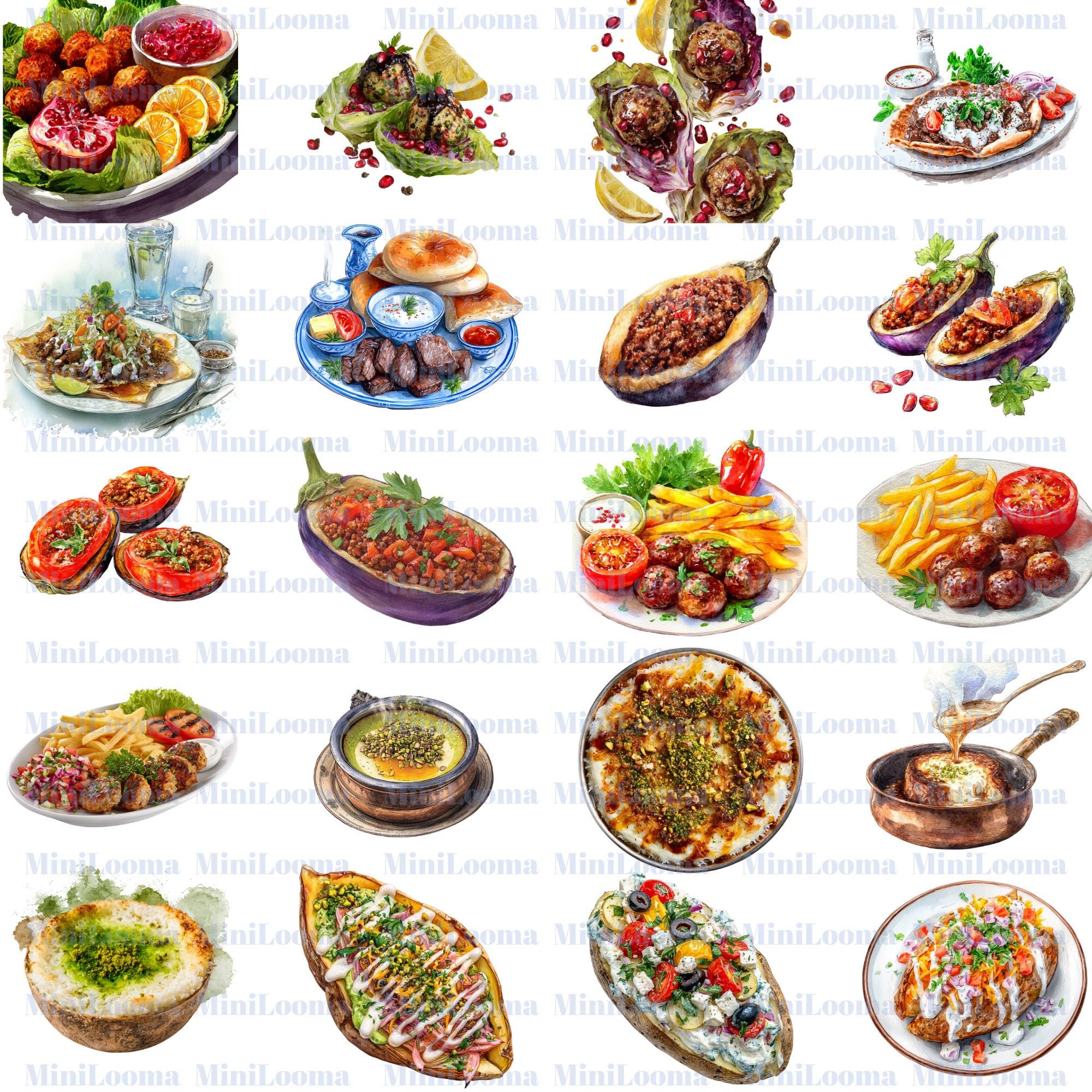 112 Watercolor Turkish Food Clipart Bundle: Mediterranean Cuisine (PNG Transparent)