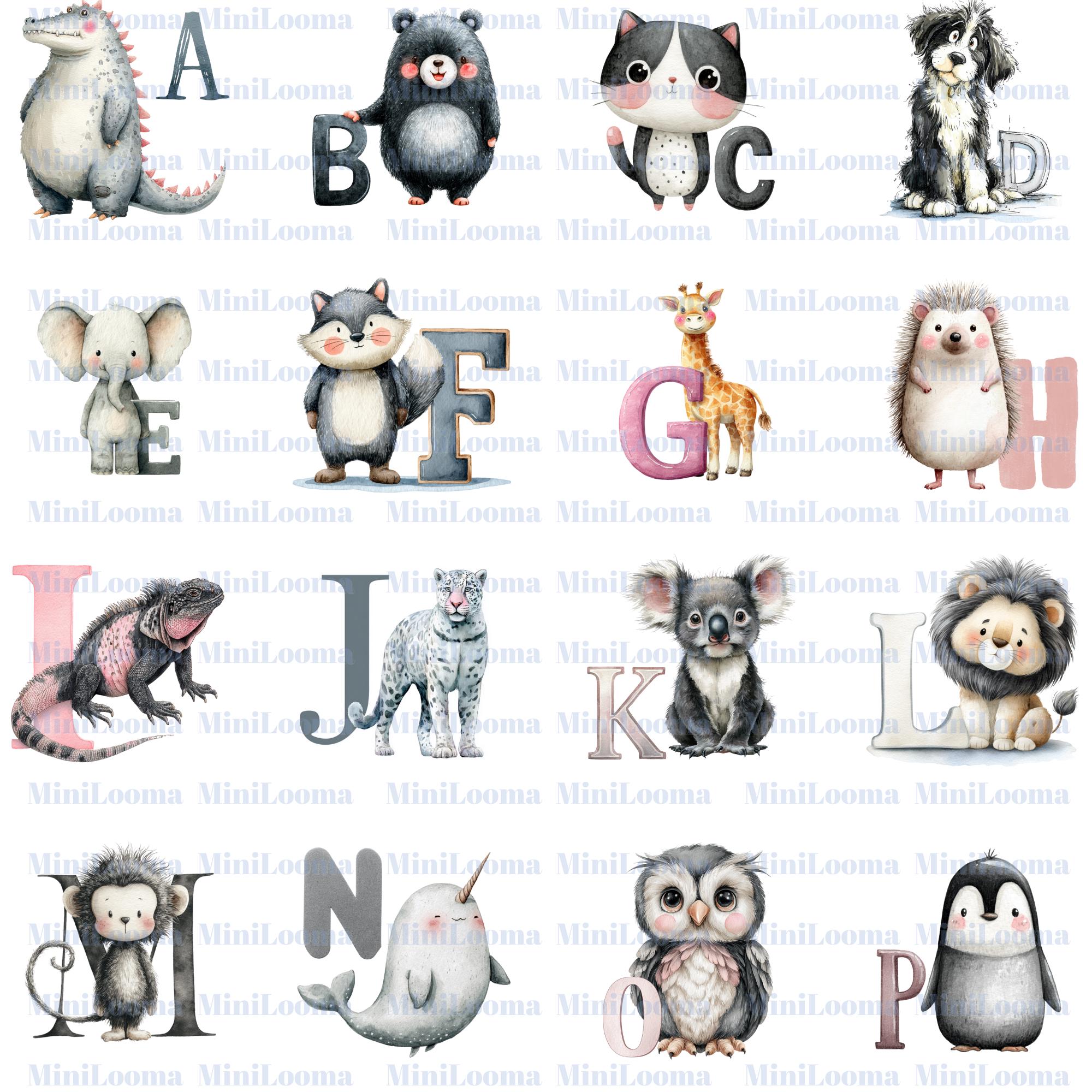 26 Animal Alphabet Clipart – Watercolor Letters, Nursery Learning (Transparent PNG)