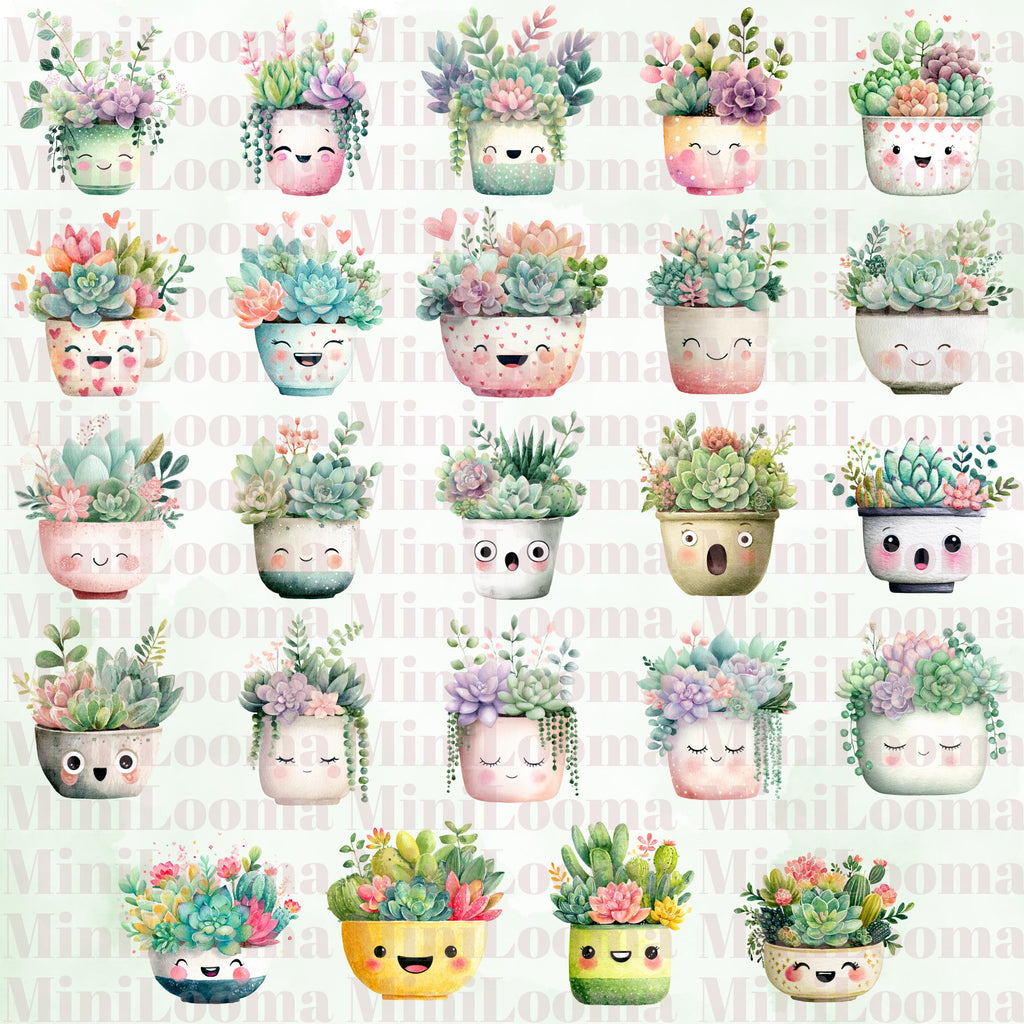 24 Emotional Succulent Faces-Watercolor Kawaii Succulent Pot| Happy, Sleepy, Surprised & More|PNG Transparent| 300DPI