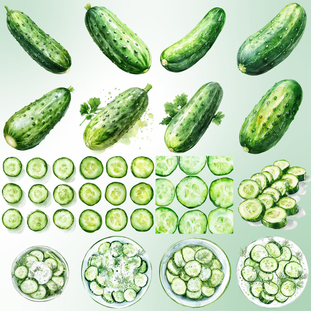 40 Cucumber Clipart Bundle: Watercolor Veggies, Pickle Jar (PNG Transparent)