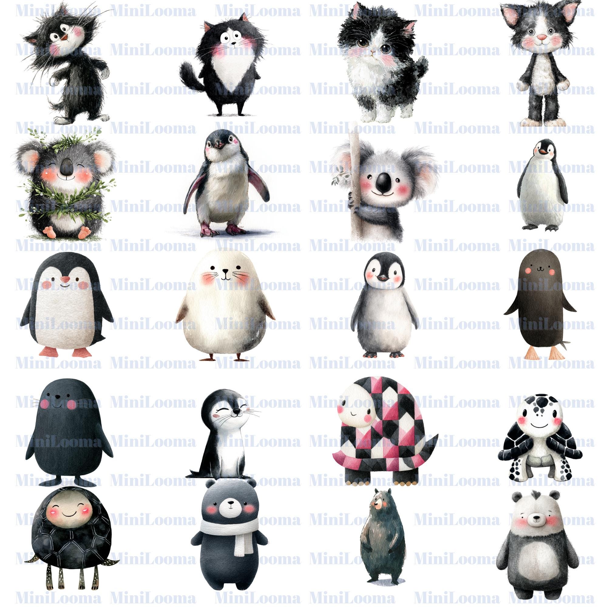 120 Watercolor Baby Animal Clipart Bundle: Black and White Illustrations (Transparent PNG)