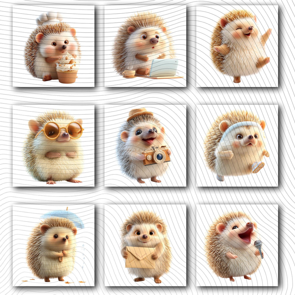 20 Quirky Hedgehog Clipart Set | Funny  Characters PNG Transparent Background| 300DPI
