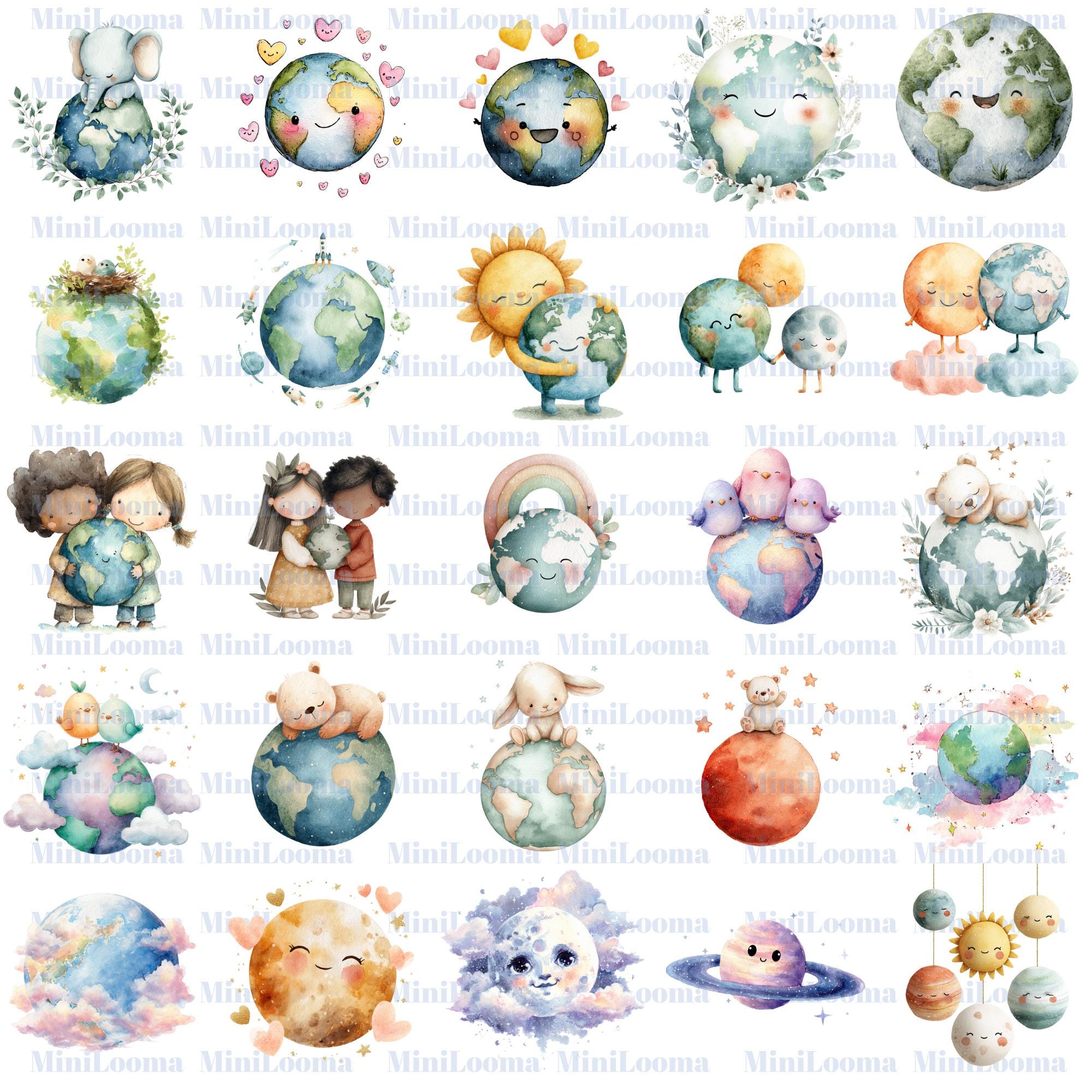 27 Nursery Earth Clipart: Watercolor Planets, Animals, Rainbows ( Transparent PNG )