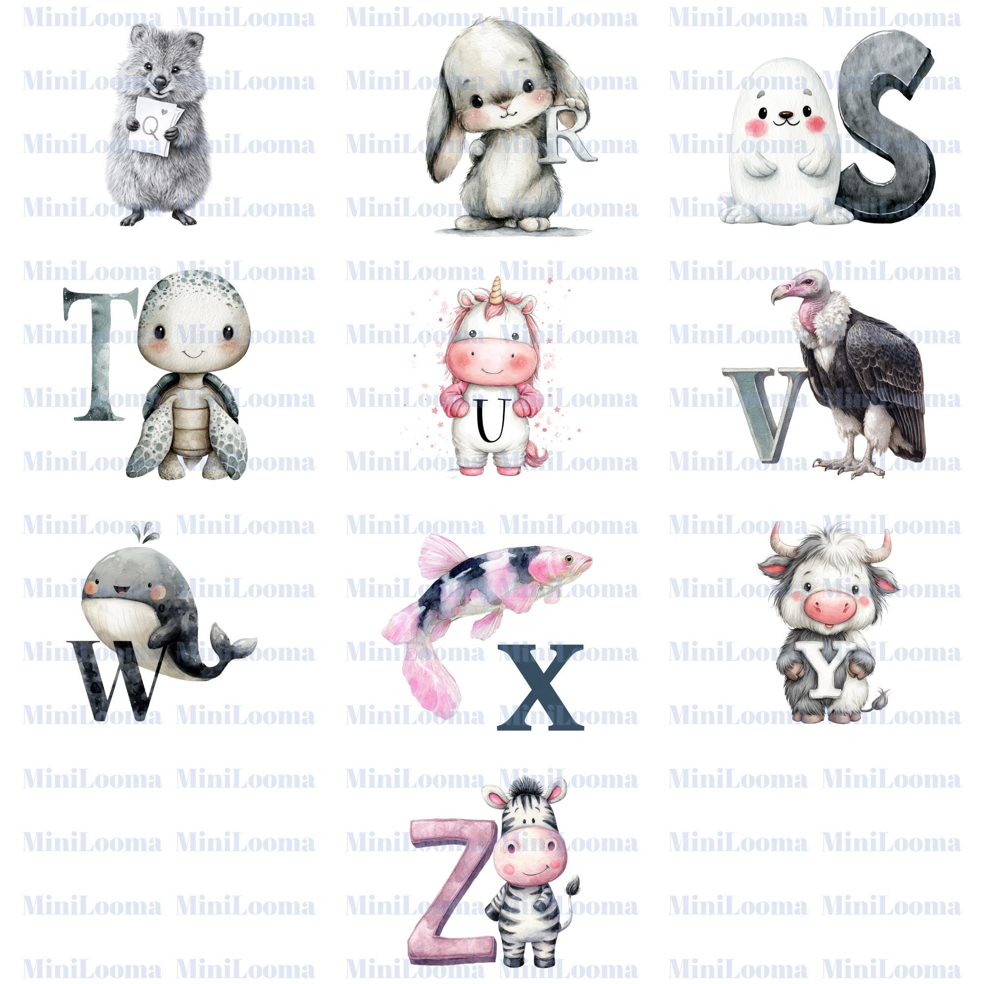 26 Animal Alphabet Clipart – Watercolor Letters, Nursery Learning (Transparent PNG)