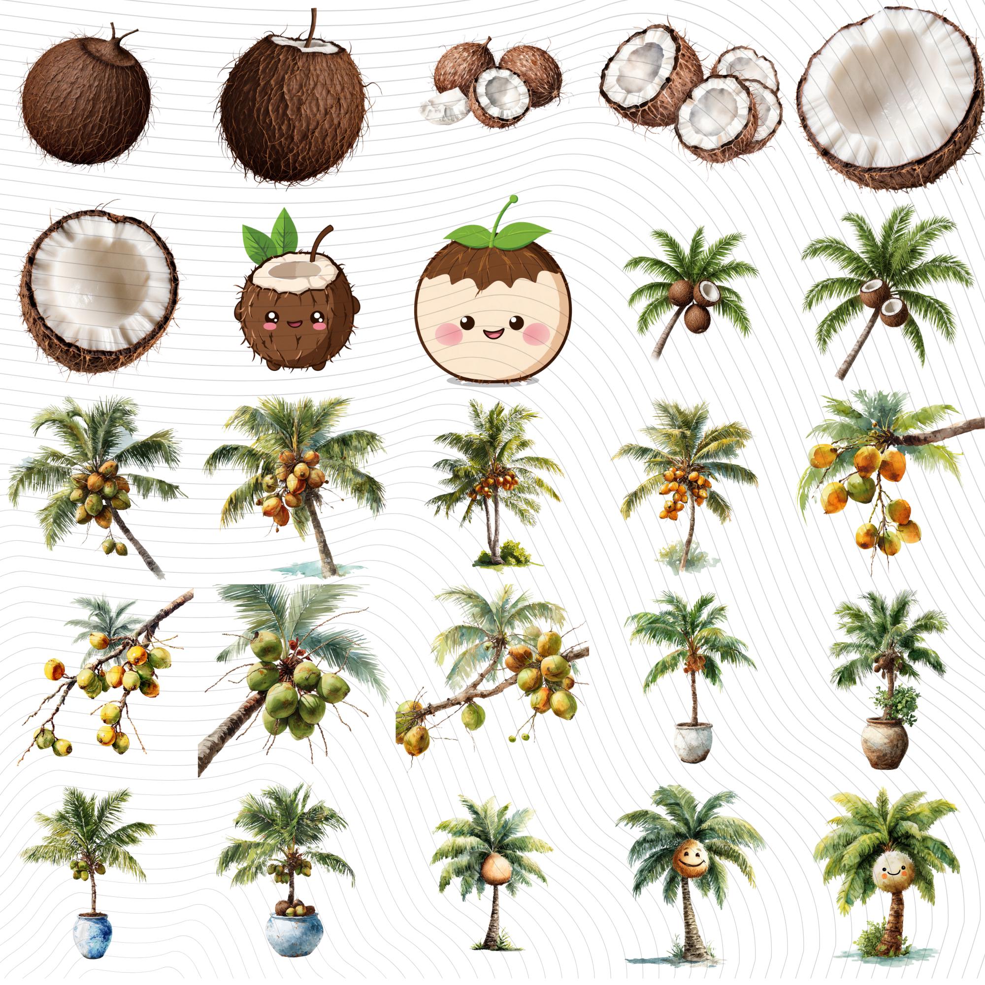 30 Coconut Tree Clipart Bundle: Watercolor Tropical Illustrations (PNG)