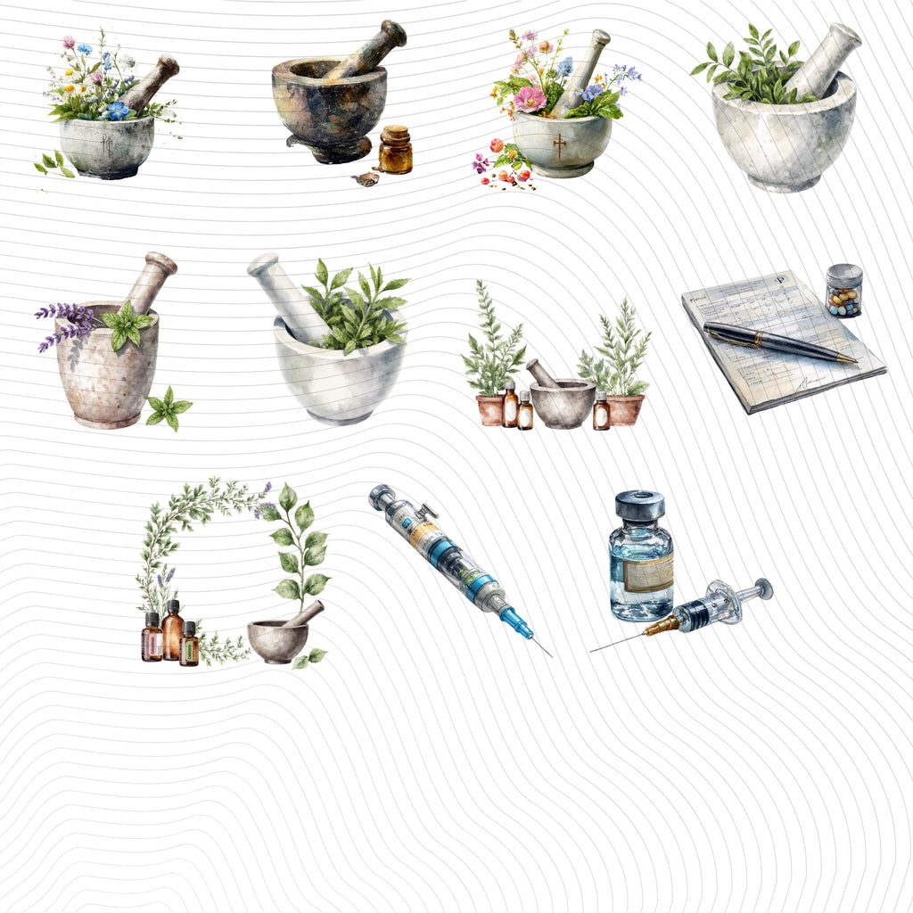 60 Pharmacy Watercolor Clipart |PNG Set, Transparent Background