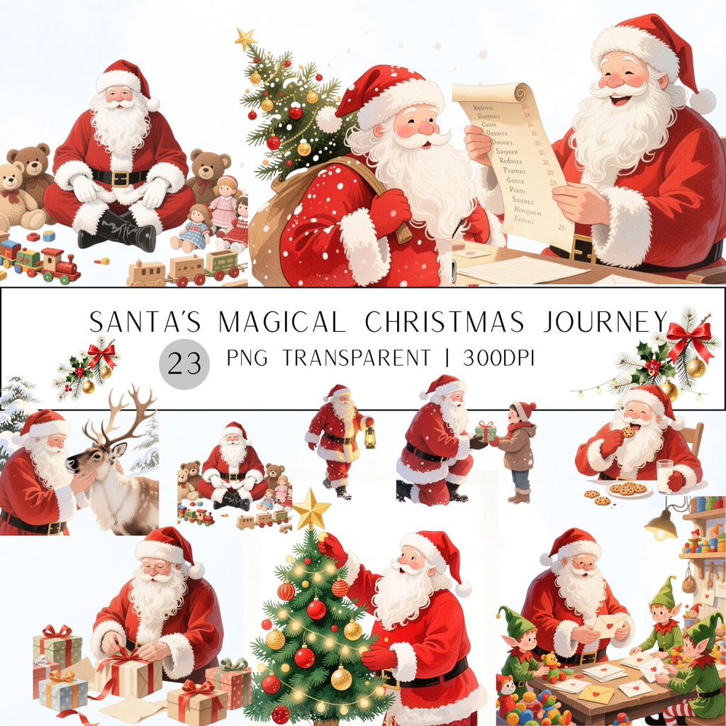 23 Santa's Christmas Journey Watercolor Clipart Bundle (PNG, 300 DPI)