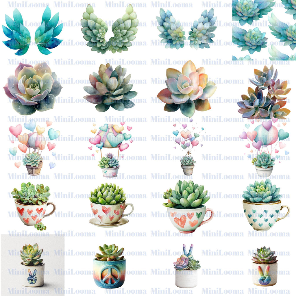 120 Succulent Clipart Bundle |Colorful Watercolor Succulents, Pots & Bouquets PNG Set |PNG  Transparent Background