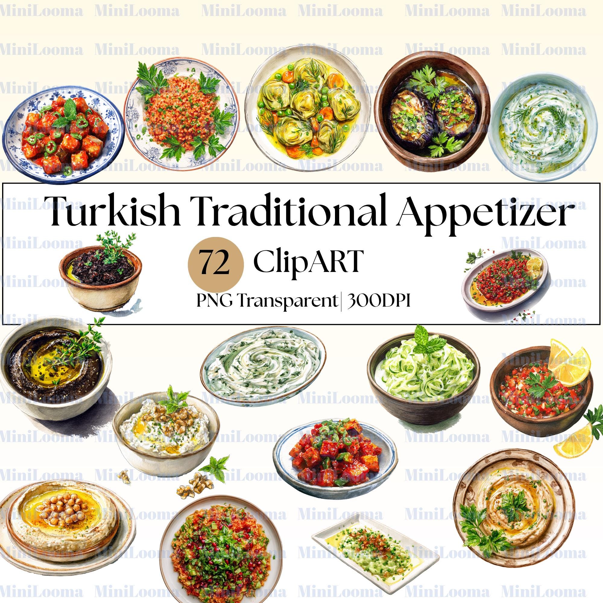 72 Watercolor Traditional Appetizer Illustrations (PNG Transparent)