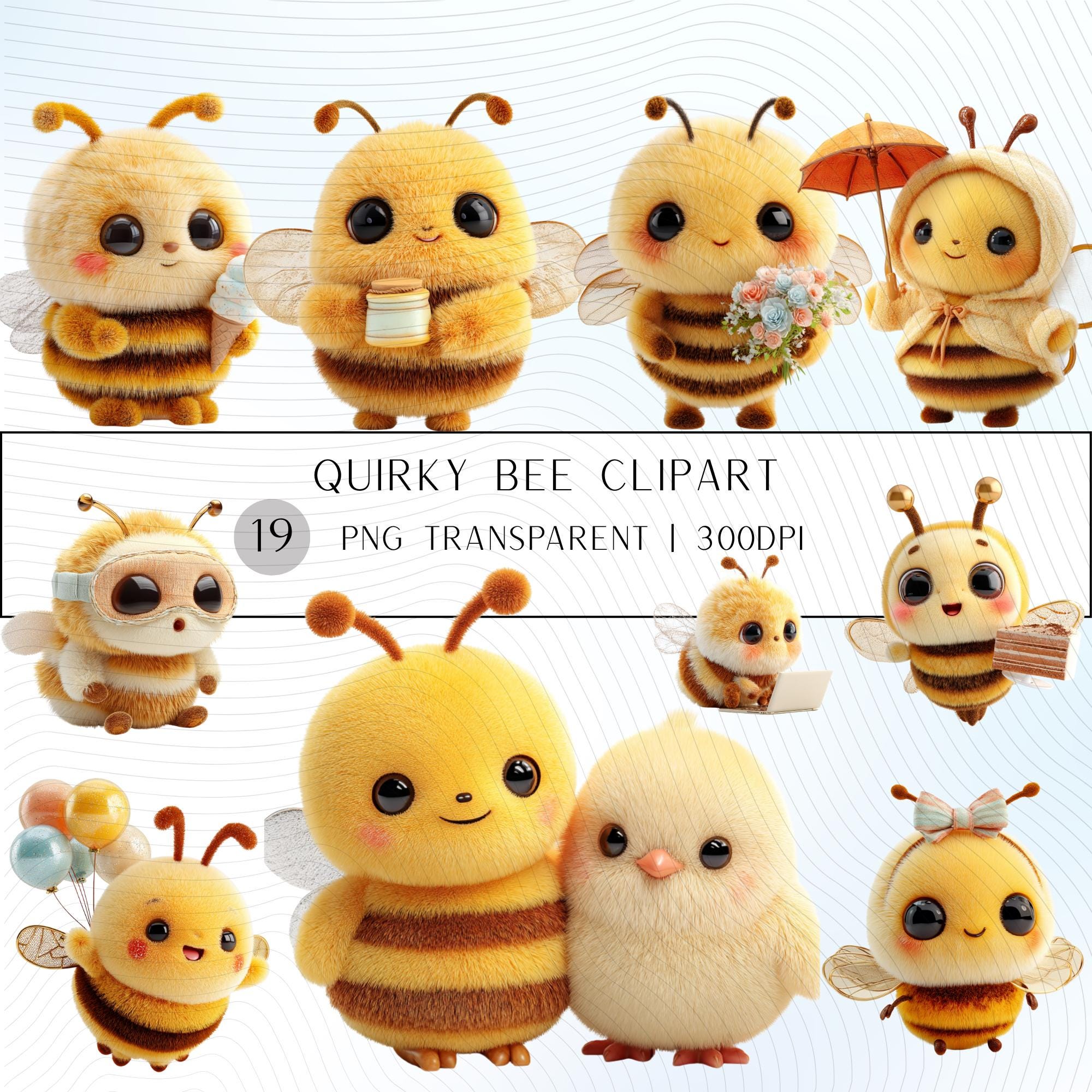 19 Quirky Bee Clipart Set | Funny Characters PNG Transparent Background| 300DPI
