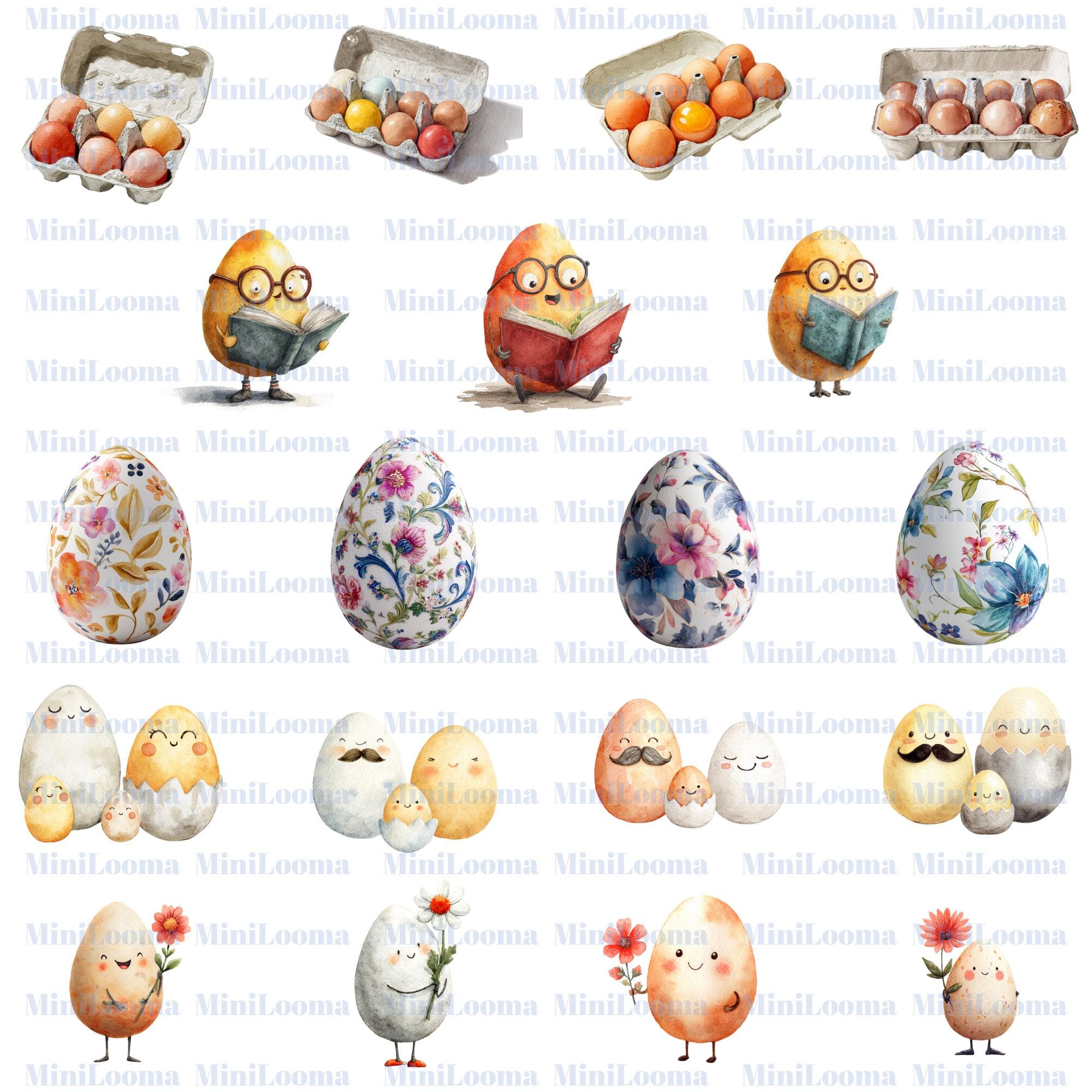 123 Watercolor Egg Clipart Set: Farm, Spring, Easter Designs (Transparent PNG)