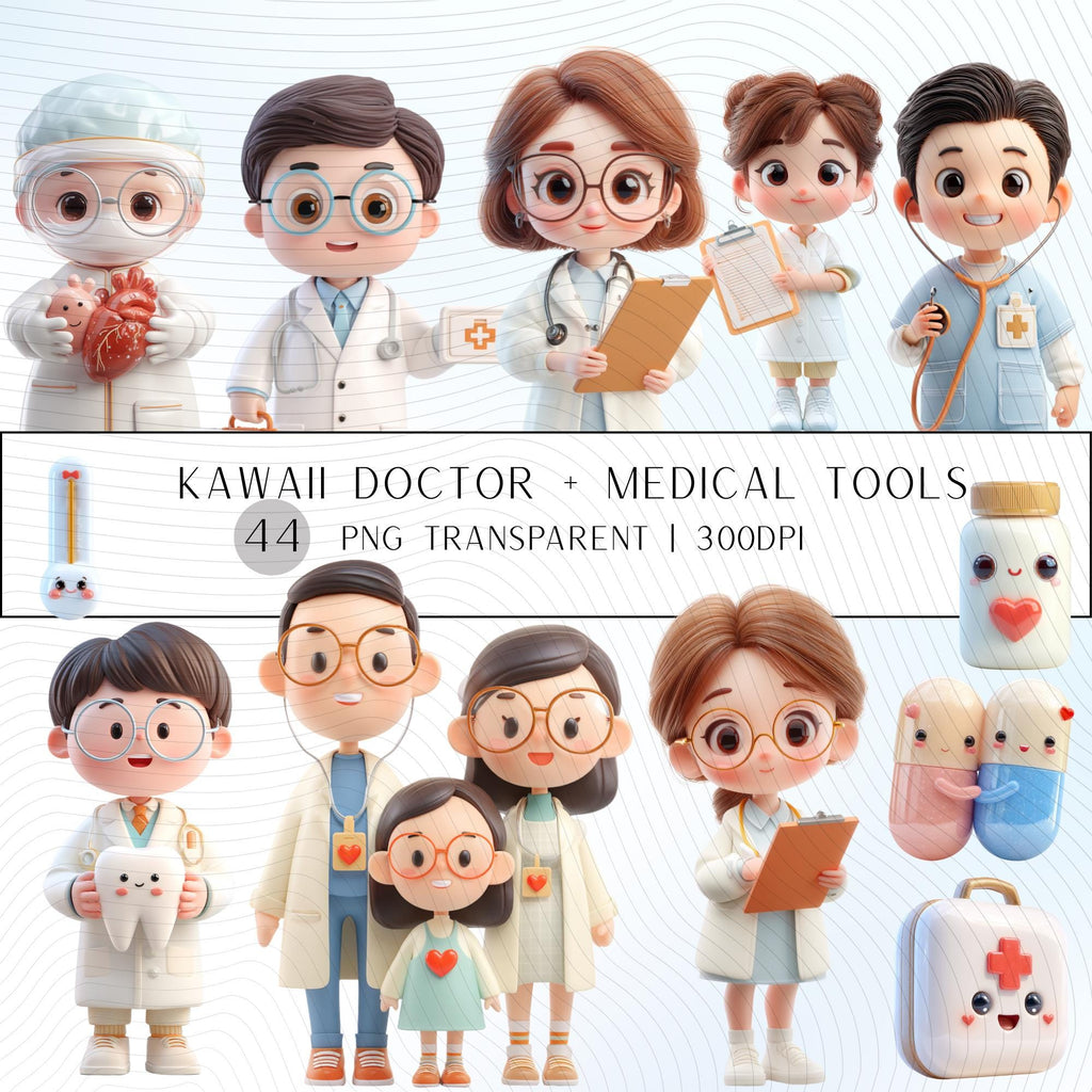 44 Kawaii Doctor Clipart and Medical Tools| Characters PNG Transparent Background| 300 DPI