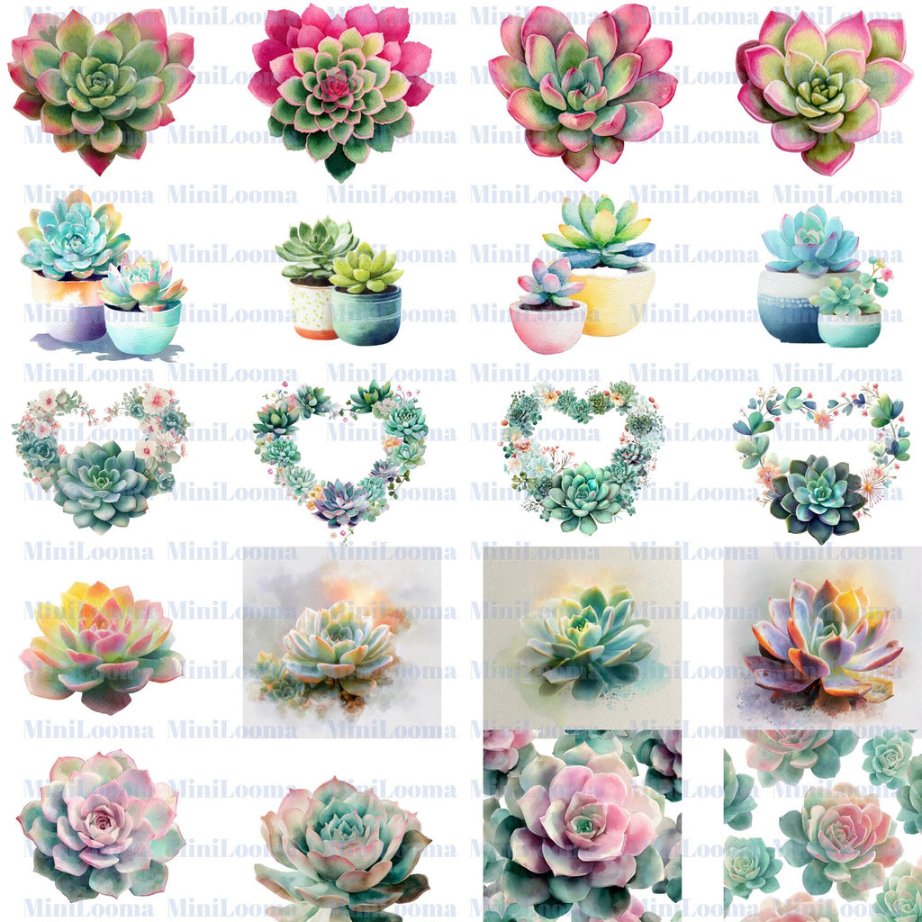 120 Succulent Clipart Bundle |Colorful Watercolor Succulents, Pots & Bouquets PNG Set |PNG  Transparent Background