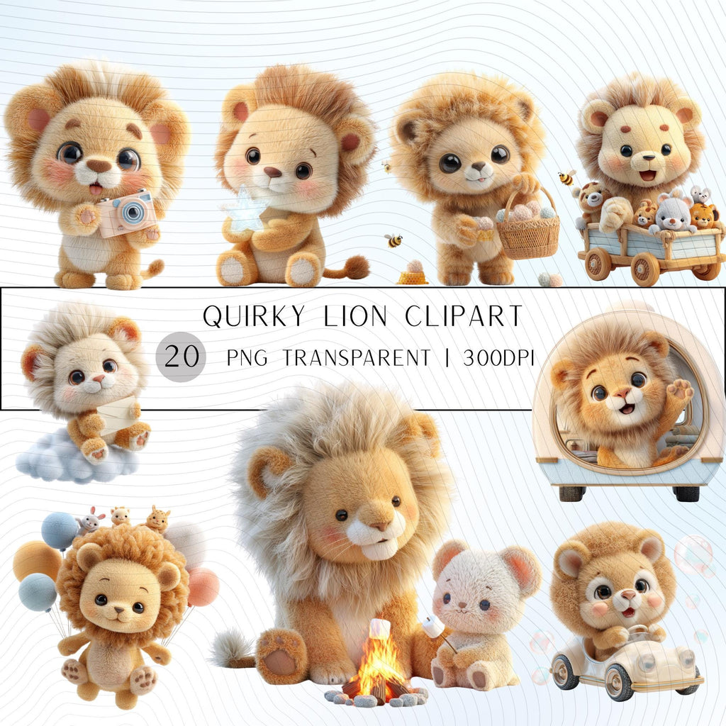 20 Quirky Lion Clipart Set | Funny Characters PNG Transparent Background| 300DPI
