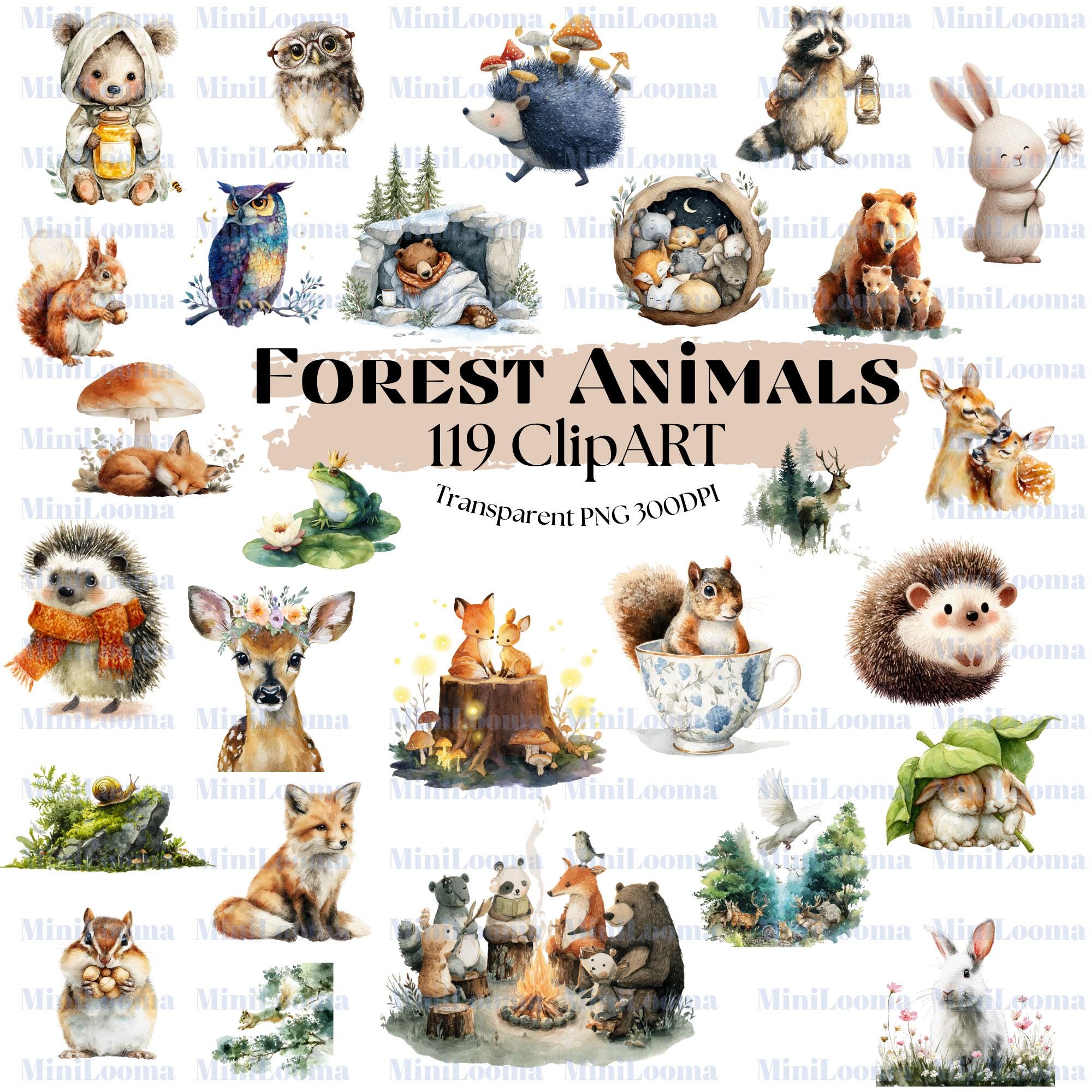 119 Watercolor Forest Animal Clipart Bundle (Transparent PNG)