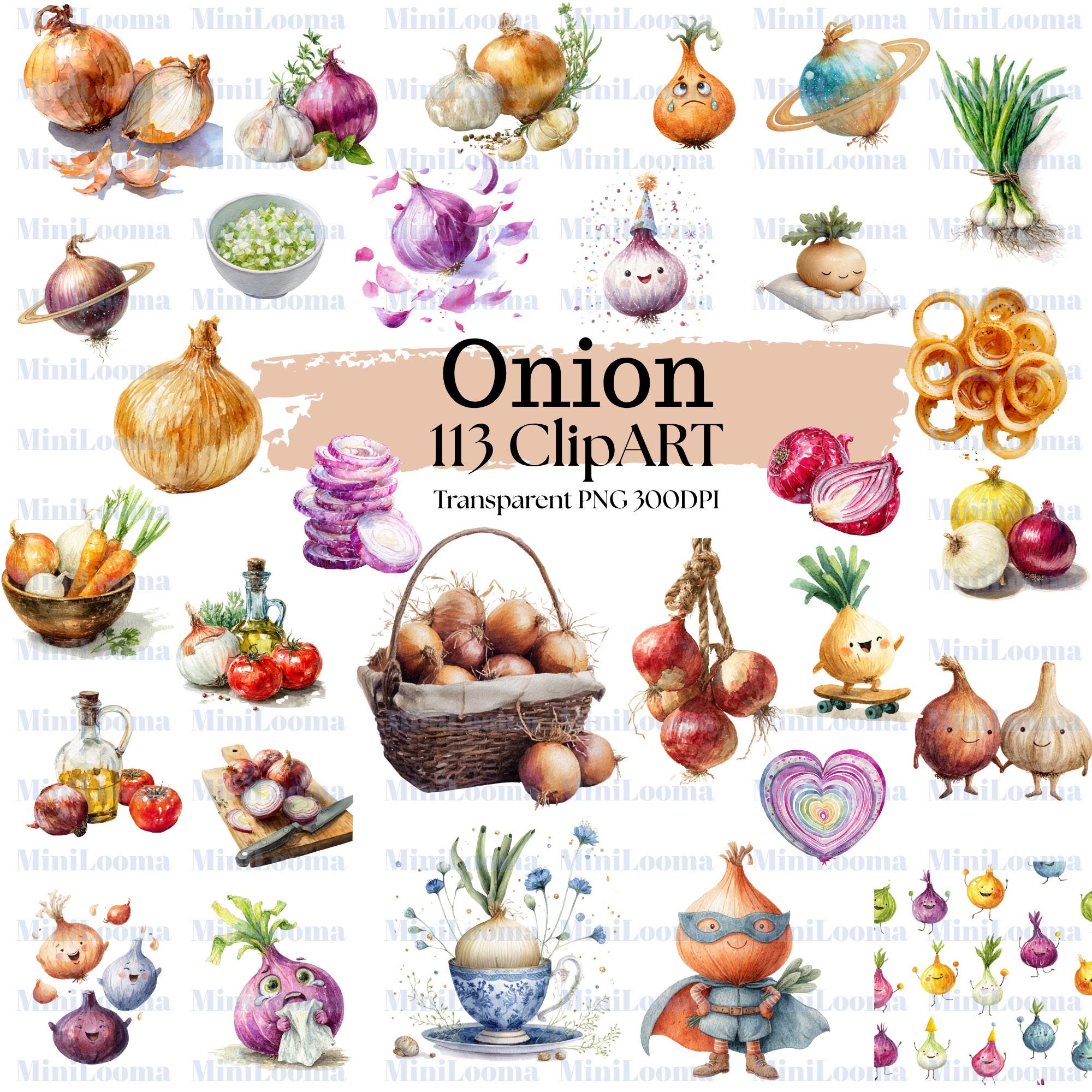113 Watercolor Onion Clipart Bundle: Red, Yellow, Sliced Onions (Transparent PNG )