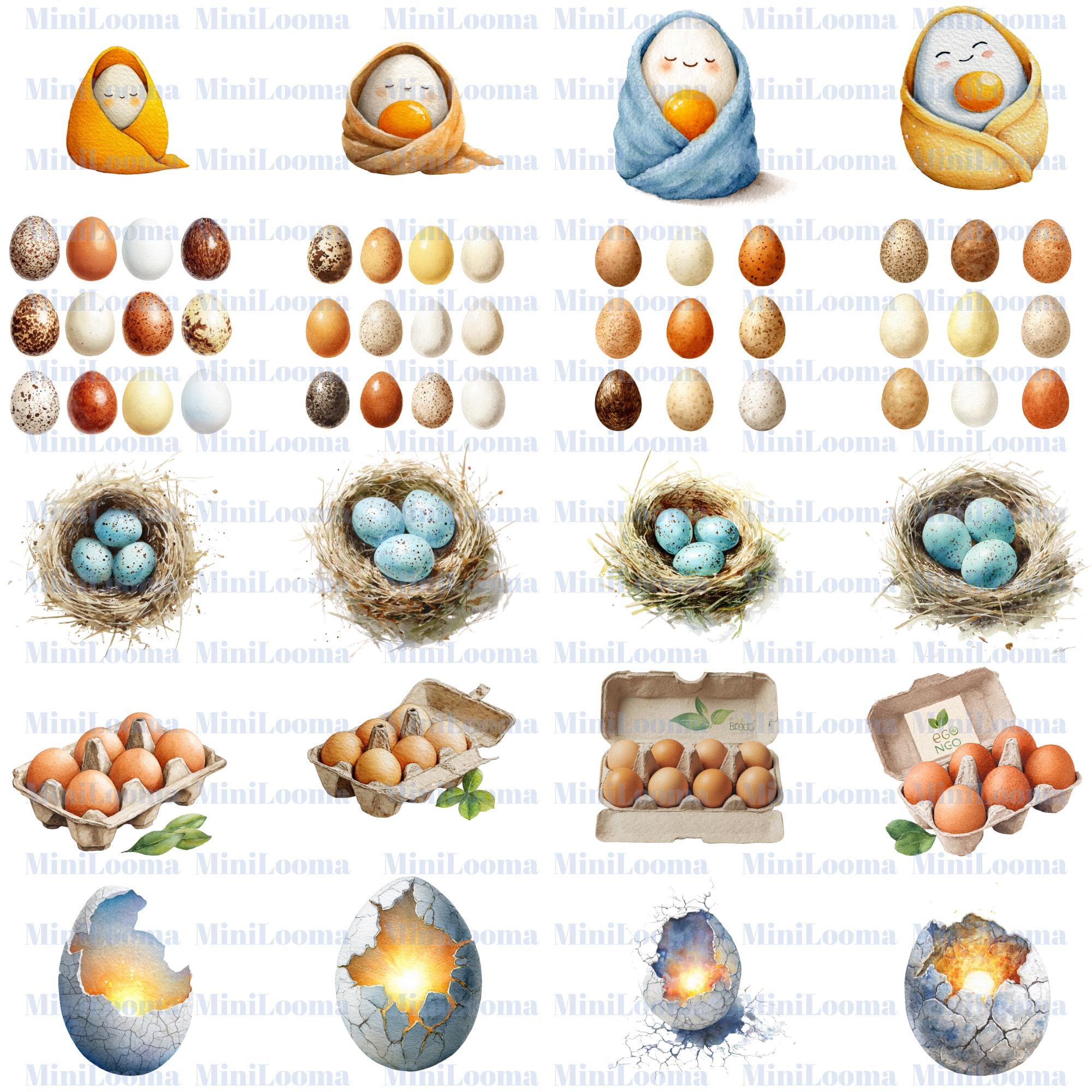 123 Watercolor Egg Clipart Set: Farm, Spring, Easter Designs (Transparent PNG)