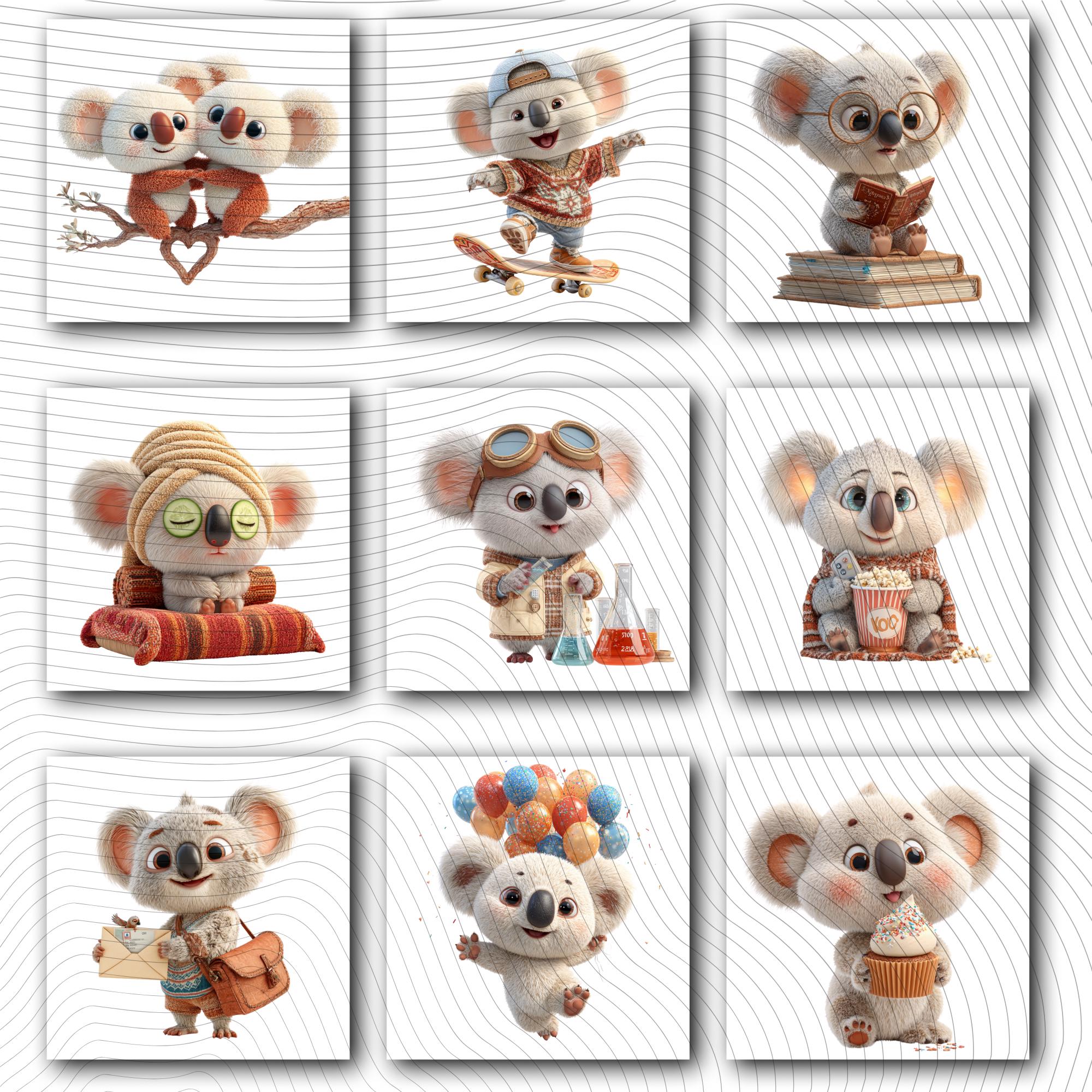 20 Quirky Koala Clipart Set | Funny Characters PNG Transparent Background| 300DPI