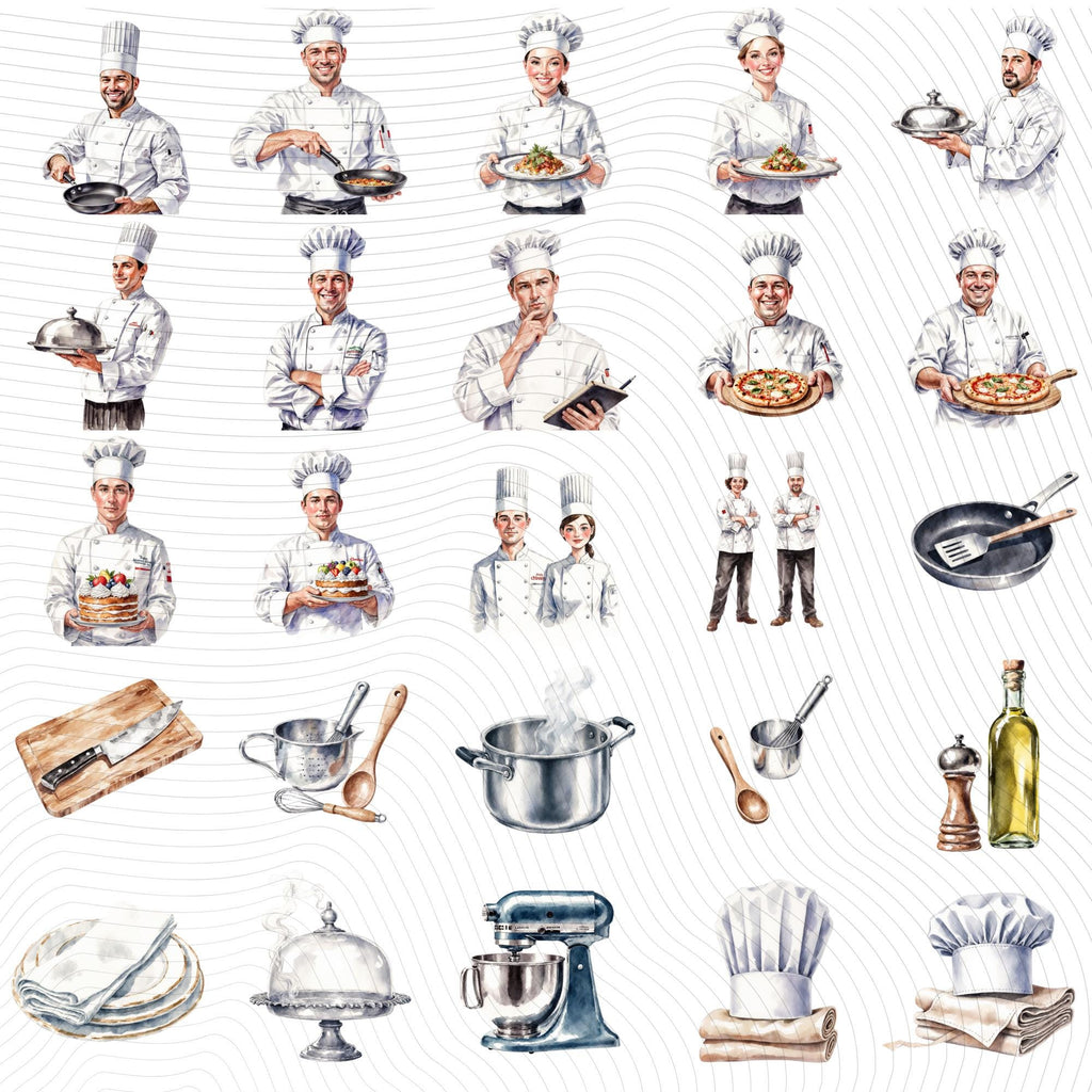39 Professional Chef Watercolor Clipart Set | PNG Transparent Background Illustrations
