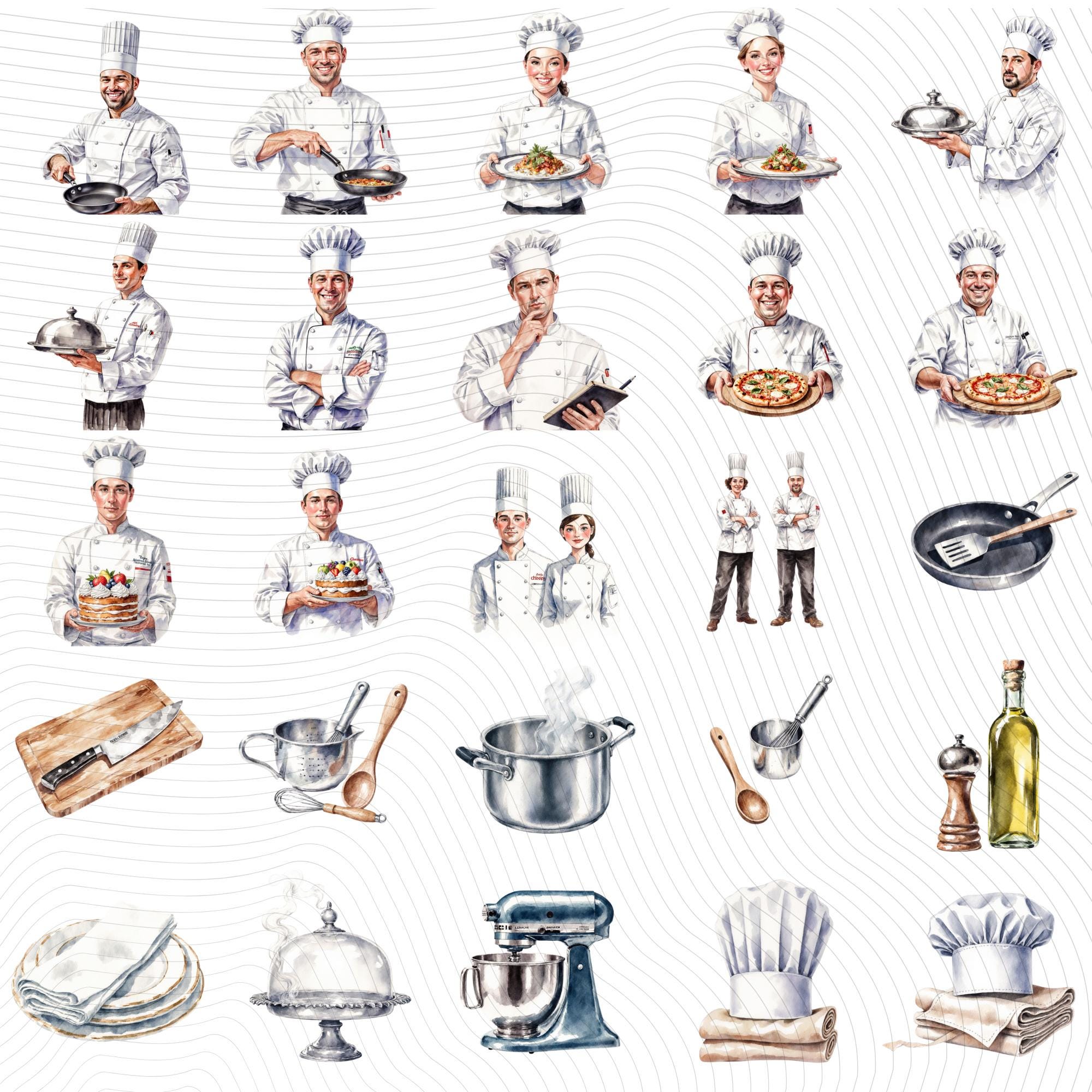 39 Professional Chef Watercolor Clipart Set | PNG Transparent Background Illustrations