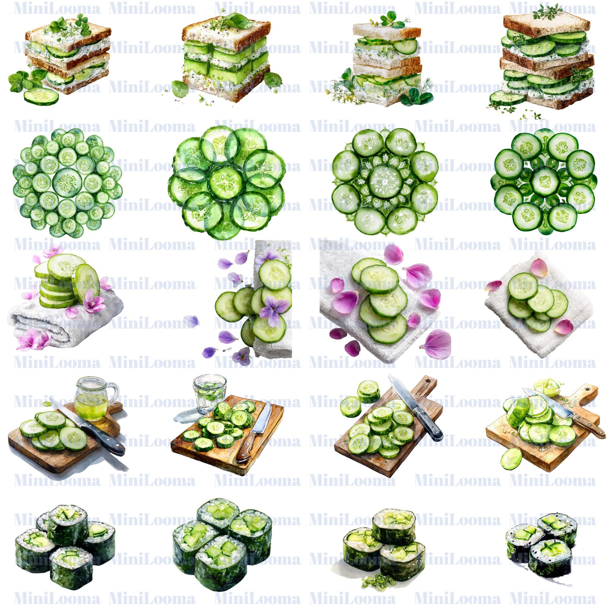120 Cucumber Watercolor Clipart: Kitchen Art, Recipe Cards (PNG Transparent)