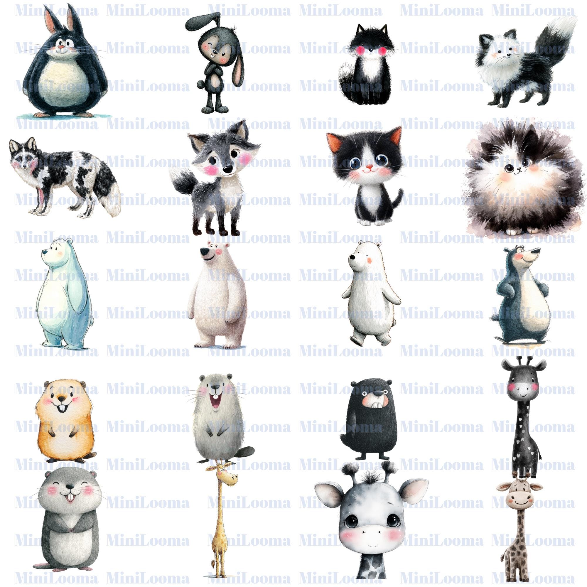 120 Watercolor Baby Animal Clipart Bundle: Black and White Illustrations (Transparent PNG)