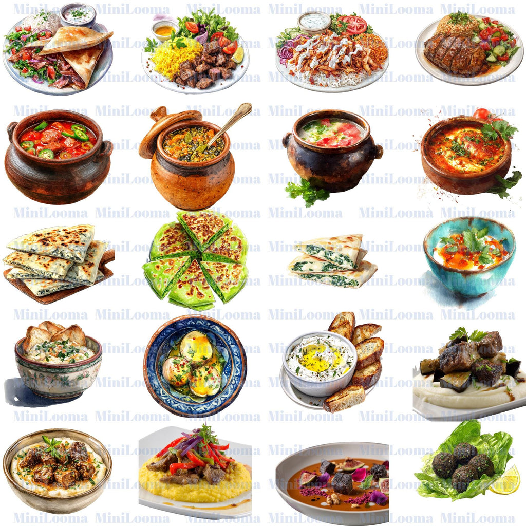 112 Watercolor Turkish Food Clipart Bundle: Mediterranean Cuisine (PNG Transparent)