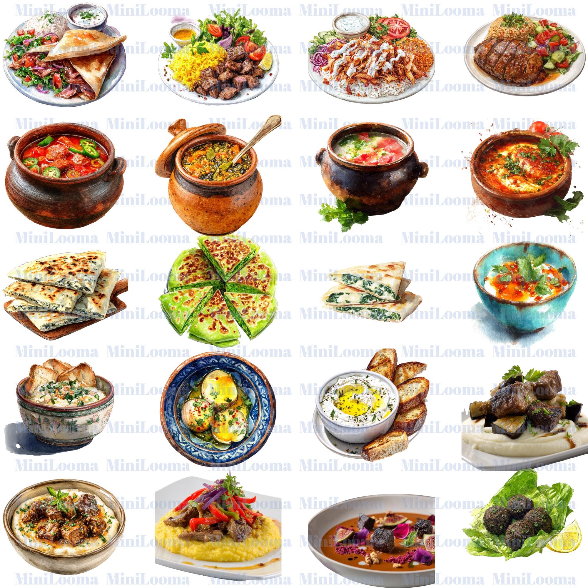 112 Watercolor Turkish Food Clipart Bundle: Mediterranean Cuisine (PNG Transparent)