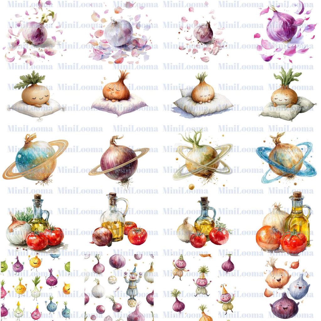 113 Watercolor Onion Clipart Bundle: Red, Yellow, Sliced Onions (Transparent PNG )