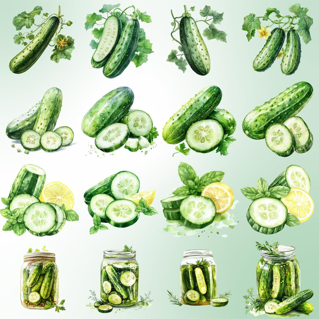 40 Cucumber Clipart Bundle: Watercolor Veggies, Pickle Jar (PNG Transparent)