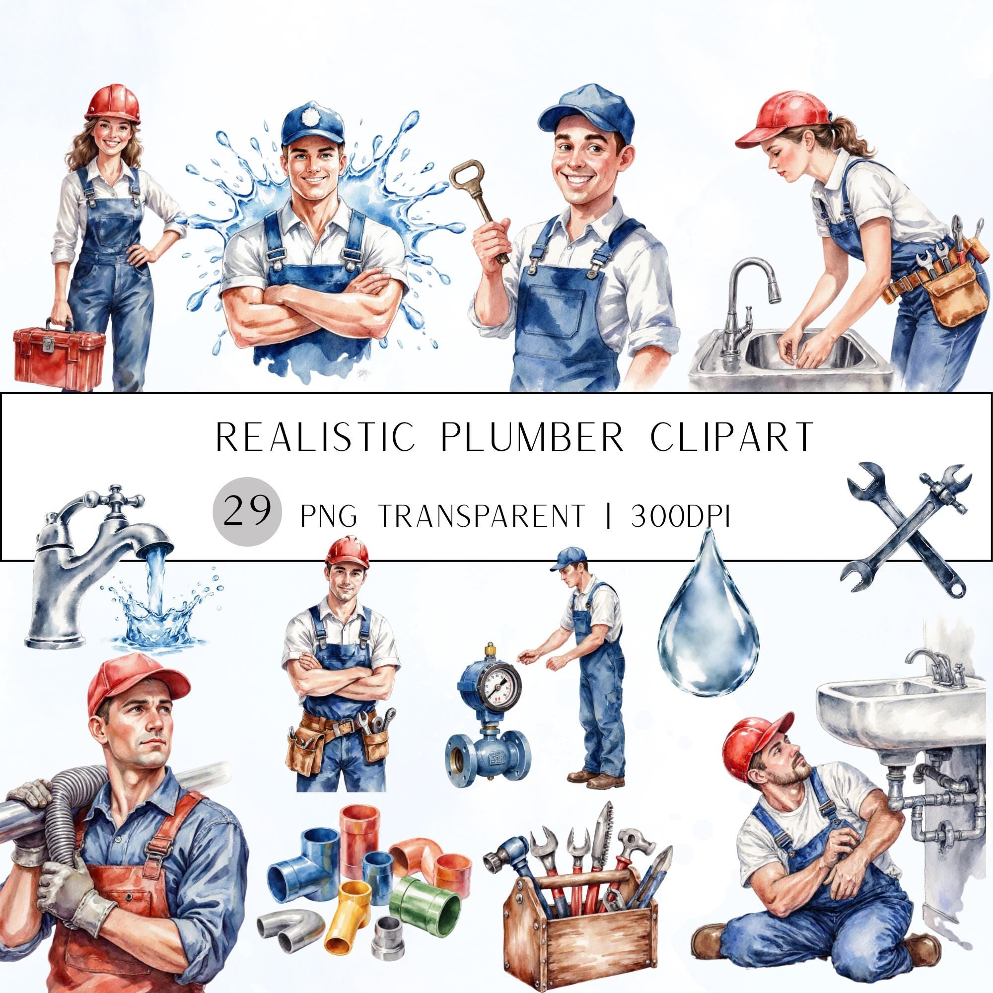 29 Plumber Watercolor Clipart | Transparent Background