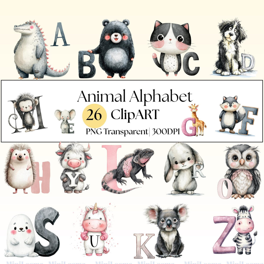 26 Animal Alphabet Clipart – Watercolor Letters, Nursery Learning (Transparent PNG)