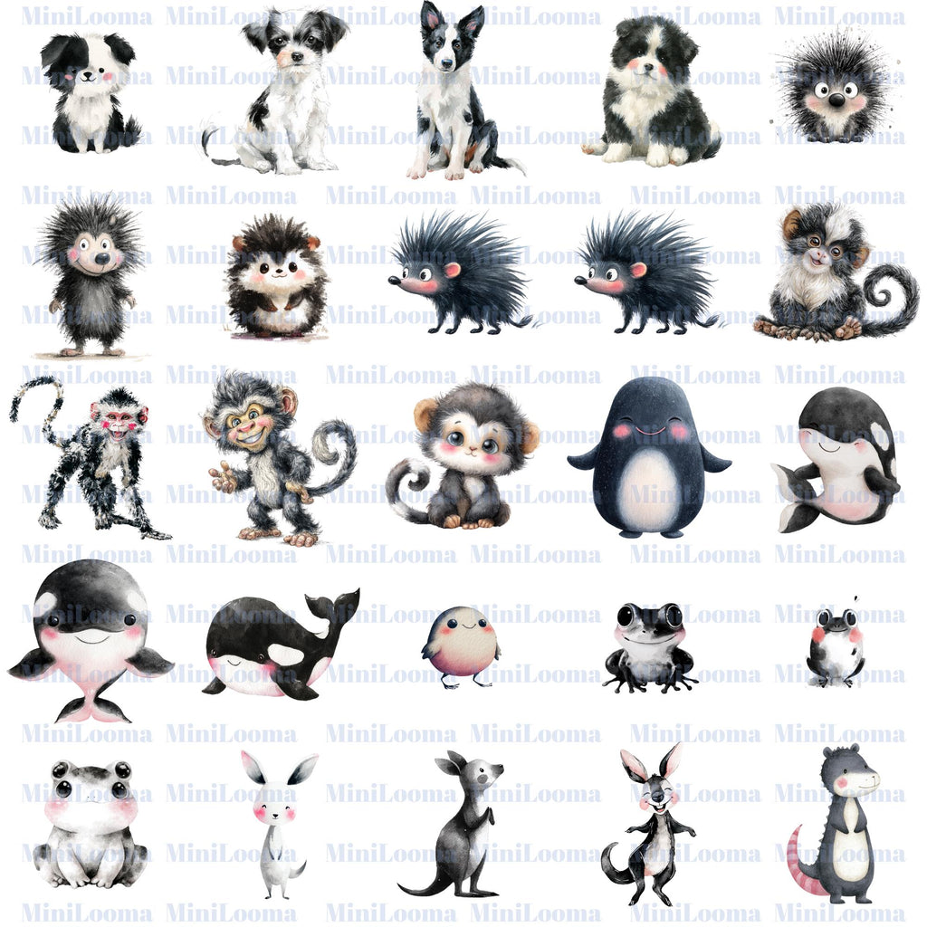 120 Watercolor Baby Animal Clipart Bundle: Black and White Illustrations (Transparent PNG)